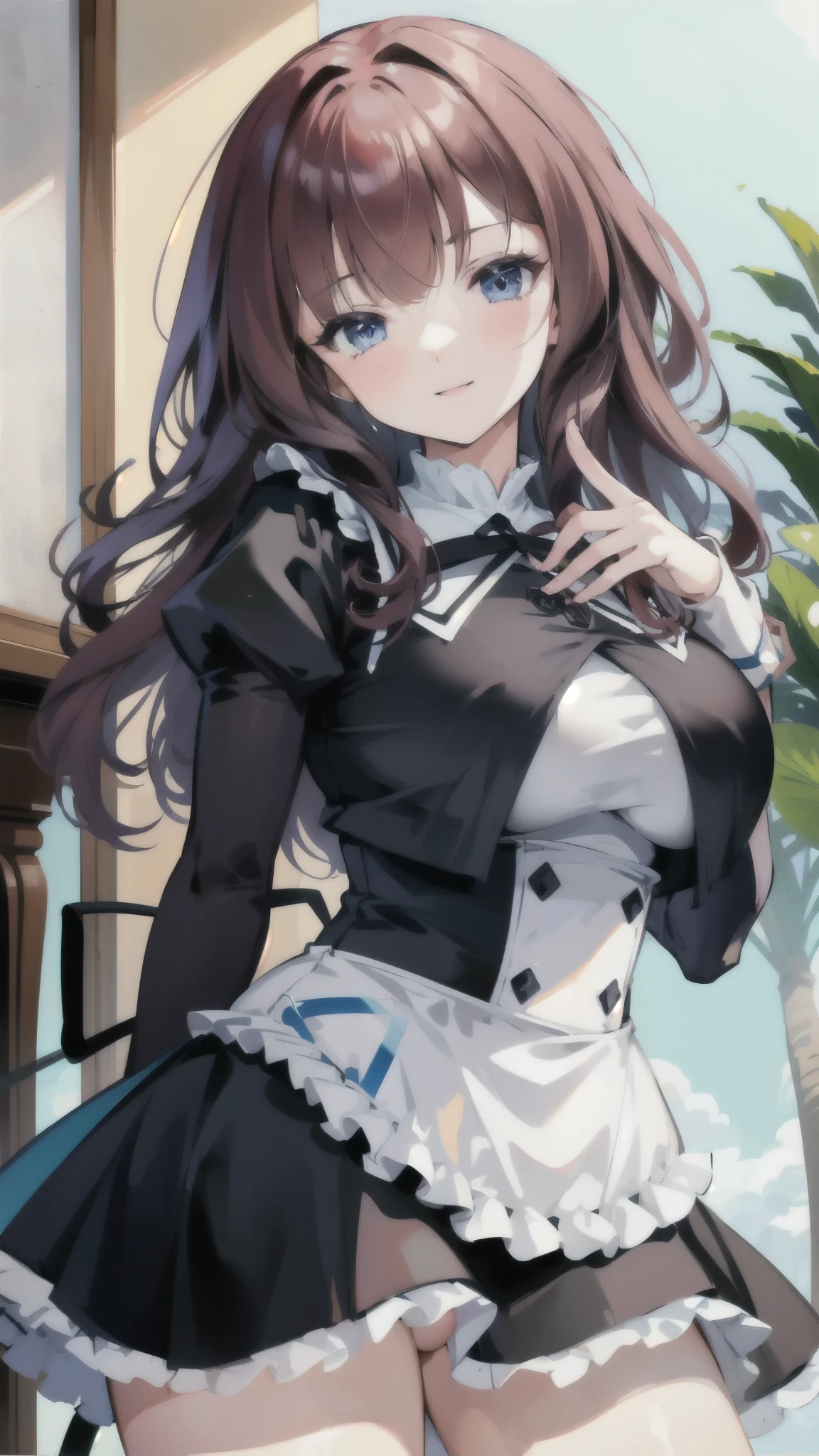 masterpiece, highest quality, Disorganized, Perfect Anatomy, Kaede Joanne Nouvel, Long Hair, smiling , (((busty))), ,1girl, large breasts , sensual body, Her cheeks flushed, swimwear , Forward bend , looking at me