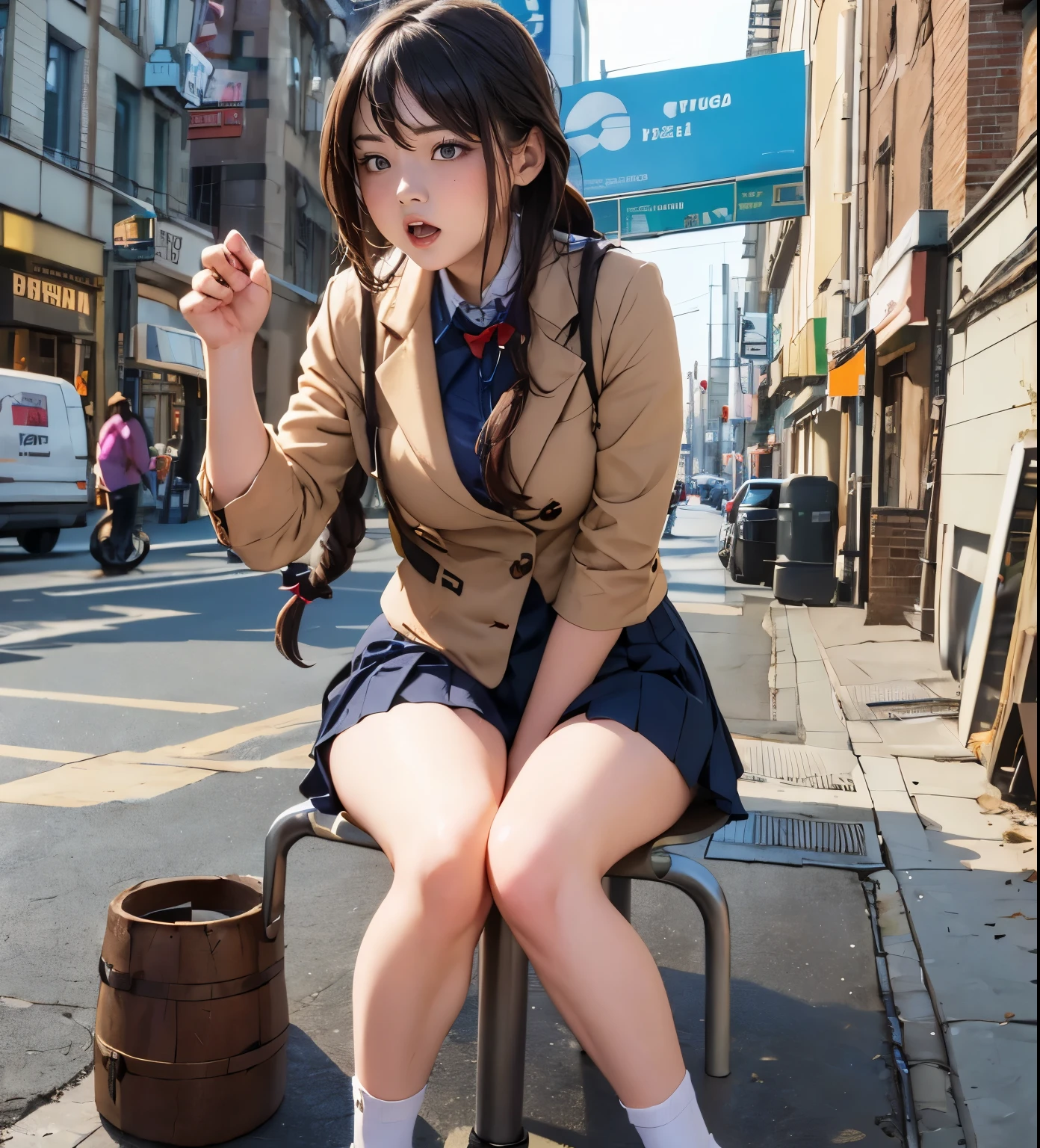 a woman, drooping eyes, eyes realistic sizing, pleated skirt, (round face), straddling pipe-bollard that is standing on the ground to hit her crotch, masturbating, open legs, on the streets of downtown area, angle from below, braid, 