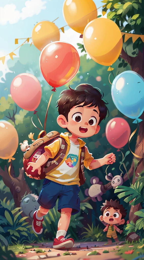 A boy, zoo, many balloons, happy, happy, perfect quality, clear focus (clutter - home: 0.8), (masterpiece: 1.2) (realistic: 1.2) (bokeh) (best quality) (detailed skin: 1.3) (complex details) (8K) (detail eyes) (sharp focus), (happy) full body, two children, clean background, long view composition, 85MM SHOT