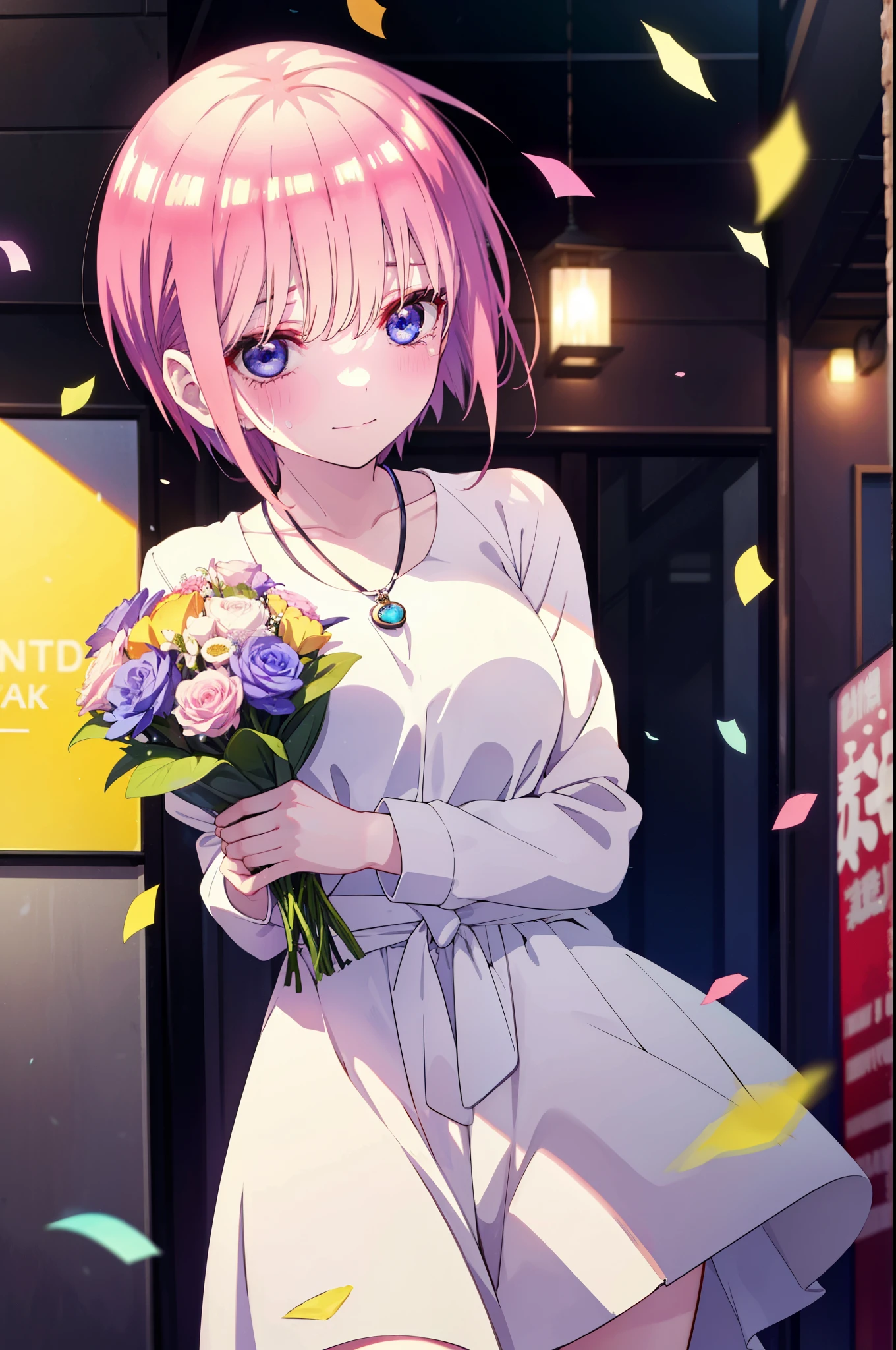 ichikanakano, ichika nakano, short hair, bangs, blue eyes, Hair between the eyes, smile,Pink Hair,,smile,blush,白色No sleeveドレス,Long skirt,White stiletto heels,No sleeve,naked,nakedの腕,nakedの首,nakedの鎖骨,holding a large bouquet of flowers in each hand,Locket Necklace,Confetti,There is a birthday cake on the table,Tears stream down her face,Sad and crying,Cry a lot,So that the whole body goes into the illustration,
break indoors, on stage,venue,
break looking at viewer, (Cowboy Shot:1.5),
break (masterpiece:1.2), highest quality, High resolution, unity 8k wallpaper, (shape:0.8), (Beautiful details:1.6), Highly detailed face, Perfect lighting, Highly detailed CG, (Perfect hands, Perfect Anatomy),