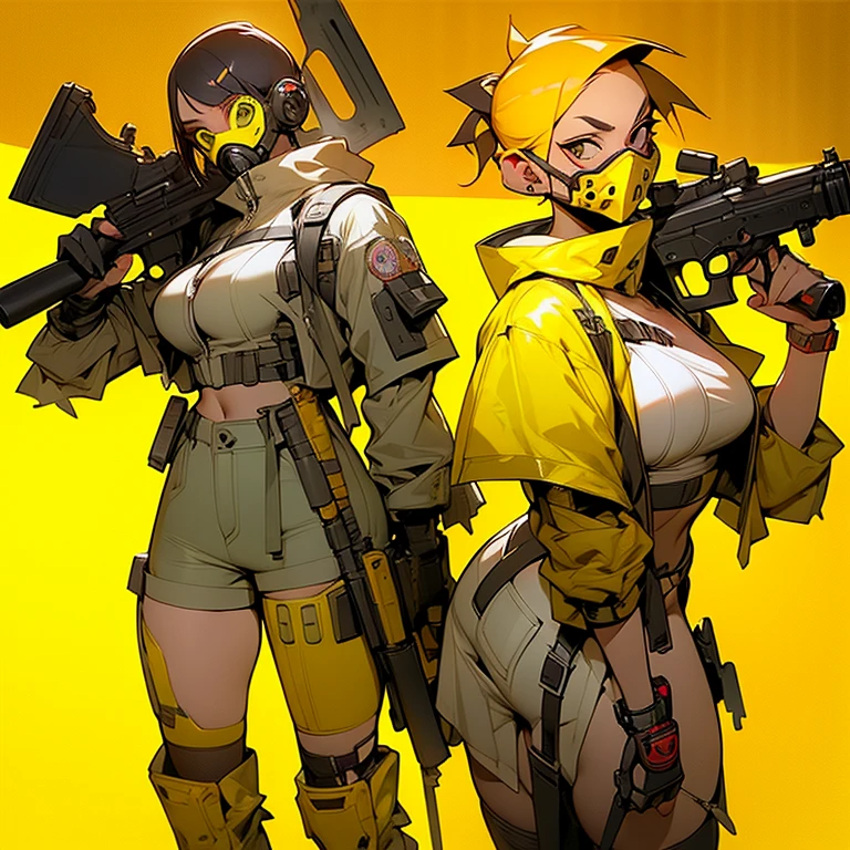 a woman in a gas mask holding a gun, yellow spiky hair, official artbook, toga, cyberpunk character design, official artwork, streaming on twitch, detailed color scan, midriff, ager girl, ( ( character concept art ) ), hyper detailed faces, boisterous