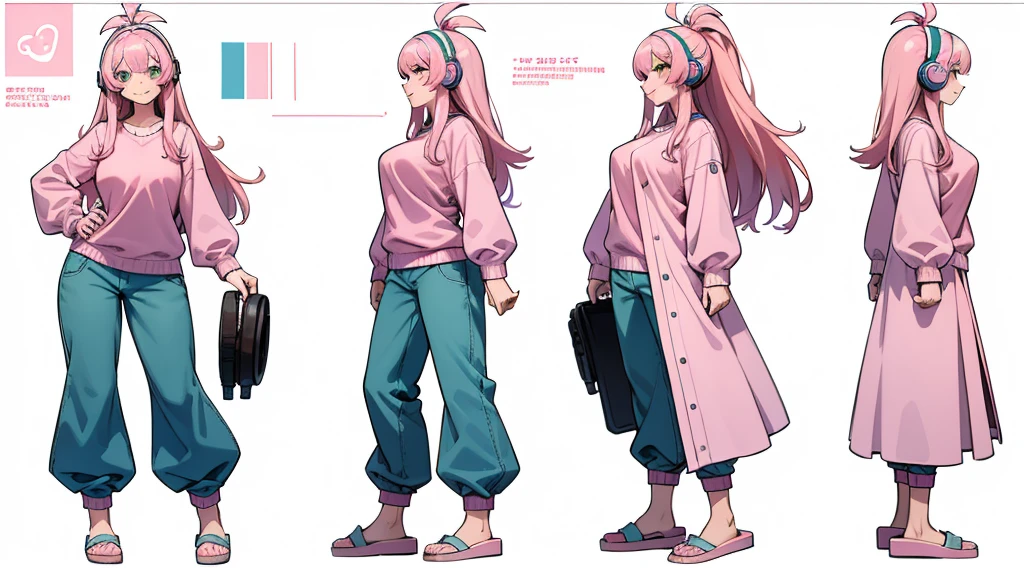 Best Quality, Masterpiece, Realistic, 28 year old, relaxed happy face, detailed character sheet, frontal view, side view, three quarter view, white background, long hair, bangs, pink hair, green eyes, medium breasts, pink with blue shirt, pink with blue stripe pants, slippers, gaming headphone, nerd