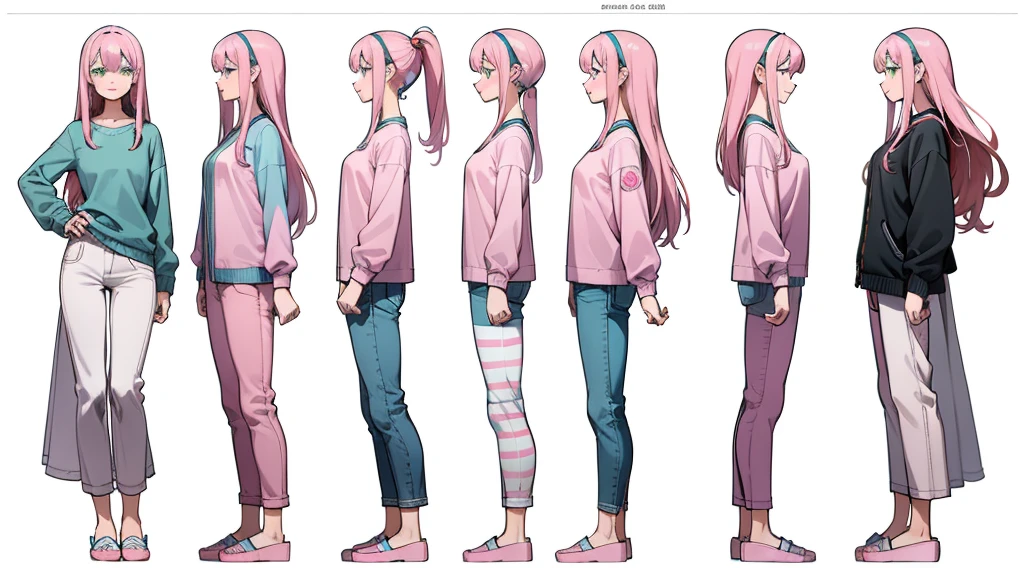 Best Quality, Masterpiece, Realistic, 28 year old, relaxed happy face, detailed character sheet, frontal view, side view, three quarter view, white background, long hair, bangs, pink hair, green eyes, medium breasts, pink with blue shirt, pink with blue stripe pants, slippers, gaming headphone, nerd