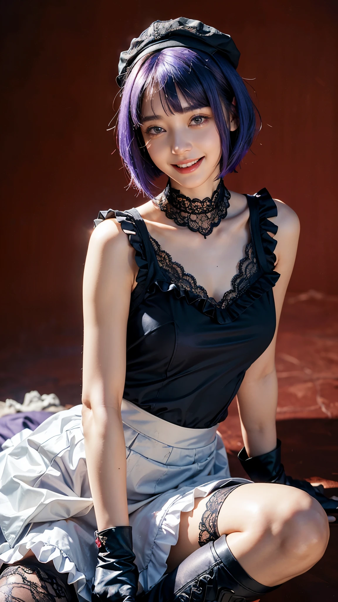 highest quality, masterpiece, Ultra-high resolution, (Realistic:1.4), (Portraiture) RAW Photos, 1 girl,22 years old((Detailed face)),(((座ったPortraiture)),((Red Random Background)),((Smiling with teeth showing)),((Big smile)),((Black boots and black lace gloves)),((Black sleeveless top with frill lace)),((White blouse under dress)),((Black Long Skirt)),((Short bob cut blue-purple hair)),((Cap Chestnut)),((Short bangs)),Realistic,Image Media Chest)),