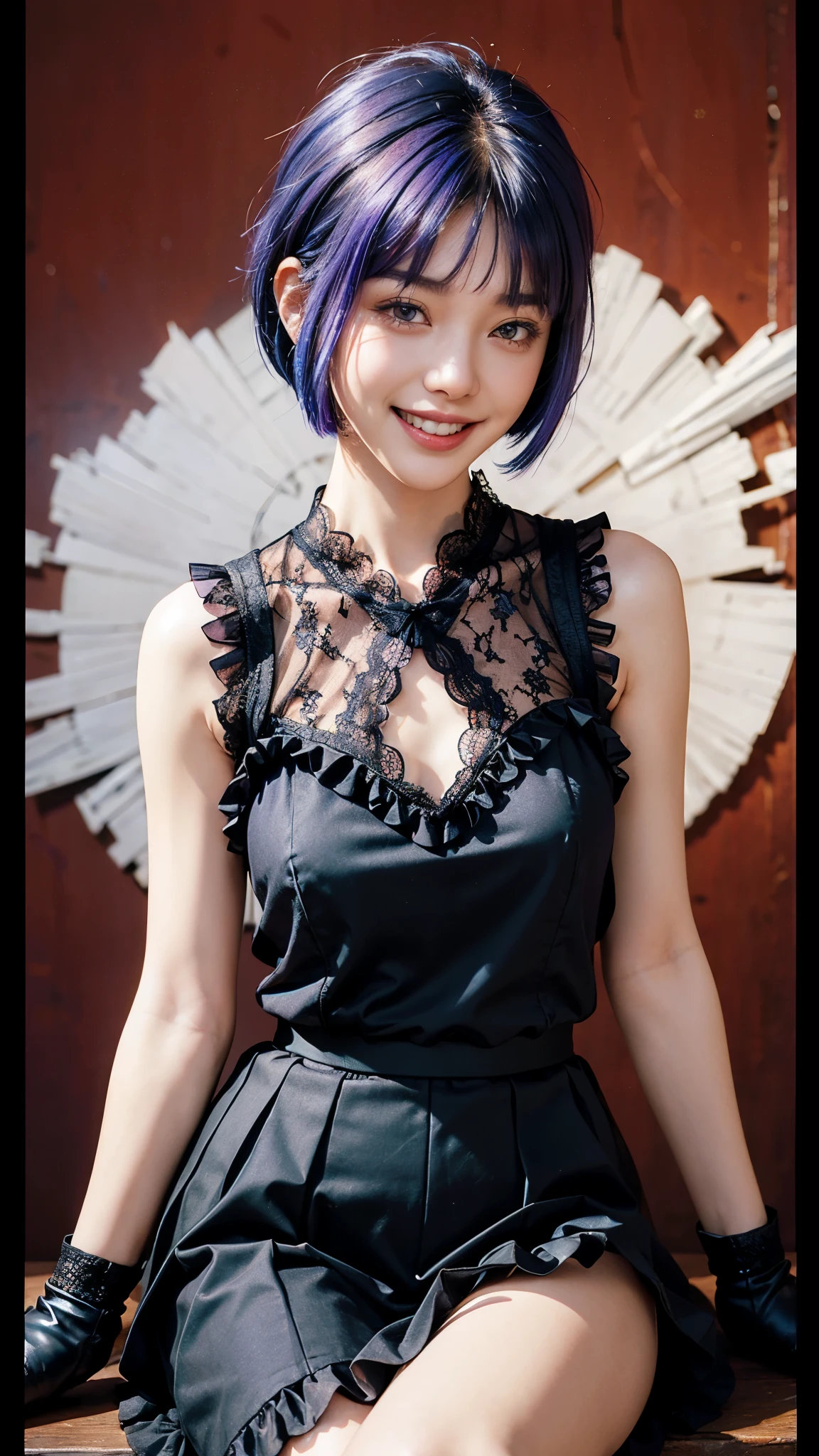 highest quality, masterpiece, Ultra-high resolution, (Realistic:1.4), (Portraiture) RAW Photos, 1 girl,22 years old((Detailed face)),(((座ったPortraiture)),((Red Random Background)),((Smiling with teeth showing)),((Big smile)),((Black boots and black lace gloves)),((Black sleeveless top with frill lace)),((White blouse under dress)),((Black Long Skirt)),((Short bob cut blue-purple hair)),((Cap Chestnut)),((Short bangs)),Realistic,Image Media Chest)),