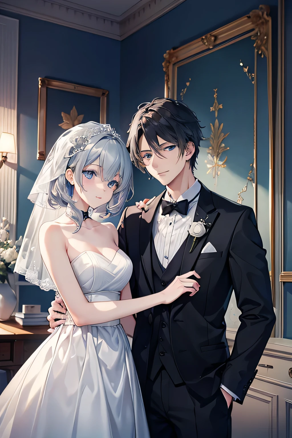 1.5, 最high quality, high quality, High resolution, High quality texture, high qualityの影, Attention to detail, Beautiful details, In detail, Highly detailed CG, Detailed Texture, Male , male, Butler, Gray Hair, young, loyal, ((Ice blue eyes))and a black-haired woman,Couple,wedding anniversary