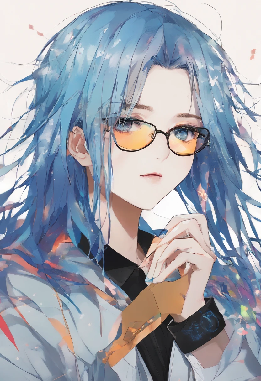 male people,By bangs,Black hair,Black shirt,blue eyess,Hair between both eyes,Bad eyes,eye glass,looking looking at viewer,solo,hair messy,sneering