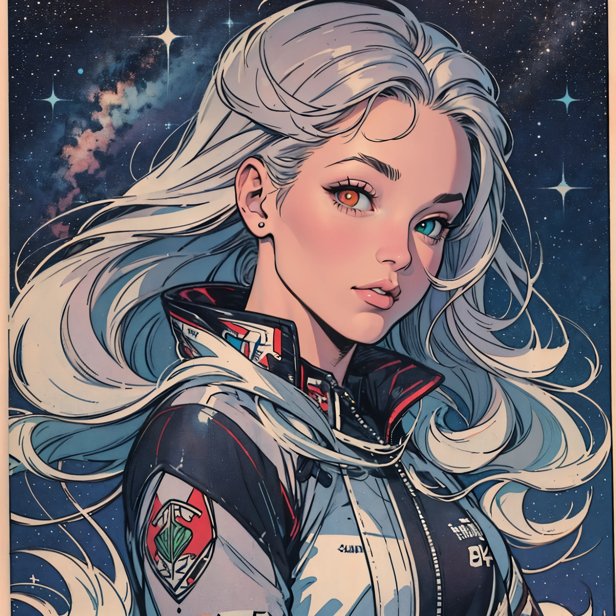 ultimate best quality,beautiful woman,speech bubble,big brest,60s,70s,80s,colorful,((Heterochromia)),various angle,beautiful starry sky,