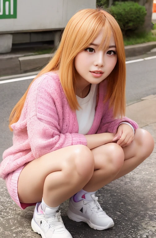 high quality,8K resolution images of young beautiful Japanese women, Prioritize LoRA images, She is a beautiful woman with a youthful face., She has a model-like figure, slim and busty with prominent nipples., Her large eyes are double-lidded and droopy., The intense heat of summer has me sweating all over my body,  Her silky hair is dyed blonde., She has clear white skin, Her expression is extremely surprised,Eyes wide open, mouth wide open,Her mouth is open in surprise, her tongue sticking out.,Her tongue has a healthy color and length,She is crouching on the side of the road with her legs spread apart and standing on her tiptoes., She is photographed from the front and looking straight at the camera.. She was wearing a pink thick cotton cardigan provided by her school, which showed off her beautiful body lines.,The pink cardigan is buttoned up,She is wearing a white skirt,Her skirt is stained brown from falling in the mud.,She is wearing loose white socks that reach down to her knees., Loose socks are long, loose white socks worn by female students in Japan., She is wearing high-top white basketball shoes.,She looks surprised, not minding the people around her watching her.