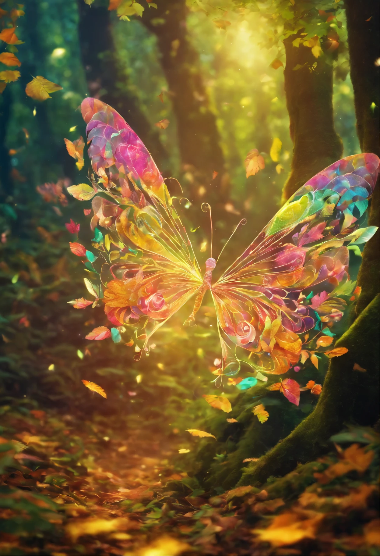 (highest quality,4K,8k,High resolution,masterpiece:1.2),Very detailed,(Realistic,photoRealistic,photo-Realistic:1.37),A forest spirit with glowing wings, Made of leaves and nature,Mysterious glow,Pure,Majestic,green,Dreamy environment,Magic enchantment,delicate and intricate leaf pattern,,Harmony with the surroundings,Sunlight reflected on the wings,Glittering in the dark,Calm and graceful posture,Evoking the forces of nature,A little sparkling dew on the wings,Soft and gentle color palette,An atmosphere of mystery and enchantment,A touch of magic in the air,Whispering wind and rustling leaves,Connection with trees and plants,A strong connection to the forest,Full of natural energy,Pure美しさと無邪気さ,evoke a sense of wonder and awe,Graceful and smooth movements,Natural and organic aesthetic,Heavenly and Spiritual Beings,Sunlight filtering through the forest canopy,Fairy-like features,Aura of Wisdom and Ancient,Enchanted、Untouched Forest Kingdom,step by step、Every time it flaps its wings, magic is born,Delicate and ephemeral,Illuminating the darkest corners of the forest,Close bond with forest animals and creatures,Peaceful and calm atmosphere,A deep sense of harmony between nature and the nymphs,Whispering the Secrets of the Forest,Each leaf is intricately designed、Full of vitality,An overwhelming sense of calm and serenity,A lively and playful spirit.
