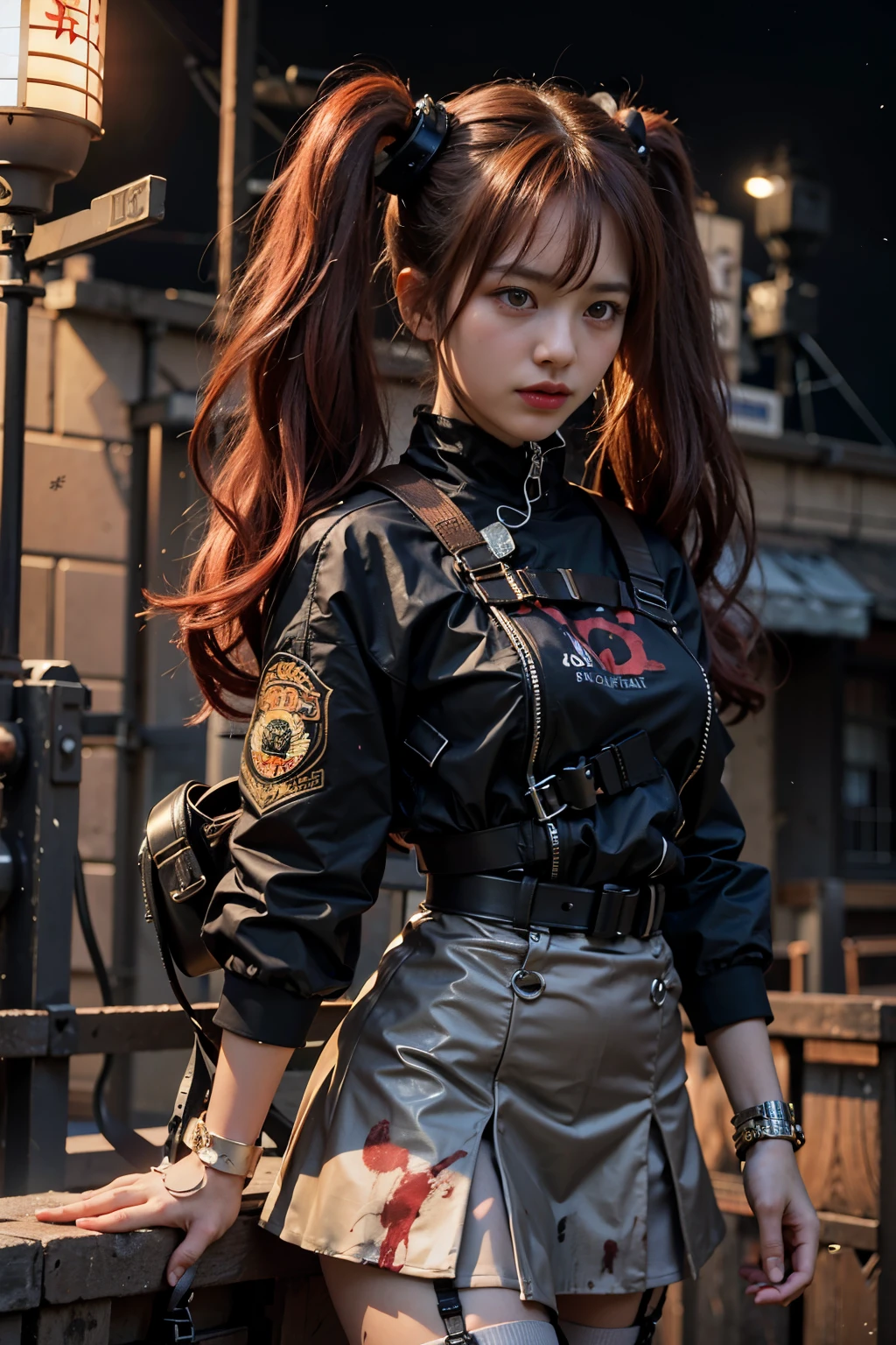 karate, ,( cry), Portrait of a person, Fantasy art, (cyber punk), A girl with fox ears and a fox tail,, Natural light, masterpiece, 1 beautiful girl, Detailed eyes, Swollen eyes, highest quality, A High resolution, Asian Beauties, Very very beautiful, Beautiful skins, Slender, Forward-facing body, (Surreal), (High resolution), (4K), (Very detailed),( Best illustrations), (Beautiful and detailed eyes), (Very detailed), Detailed face, Bright lighting, Professional Lighting, Vision, (lanthanum), ((warrior)),((Long Hair)),((cry)),((Colorful Hair)),((Red color splash)),One girl, (Short pigtails),Colorful Hair,flight, Short skirt,Pink ribbon,(( female model)) ,Psychopath horror, Bloodstained、Drops of blood,( Stand neck long sleeve black jacket),(battlefield),( Dark Sky)