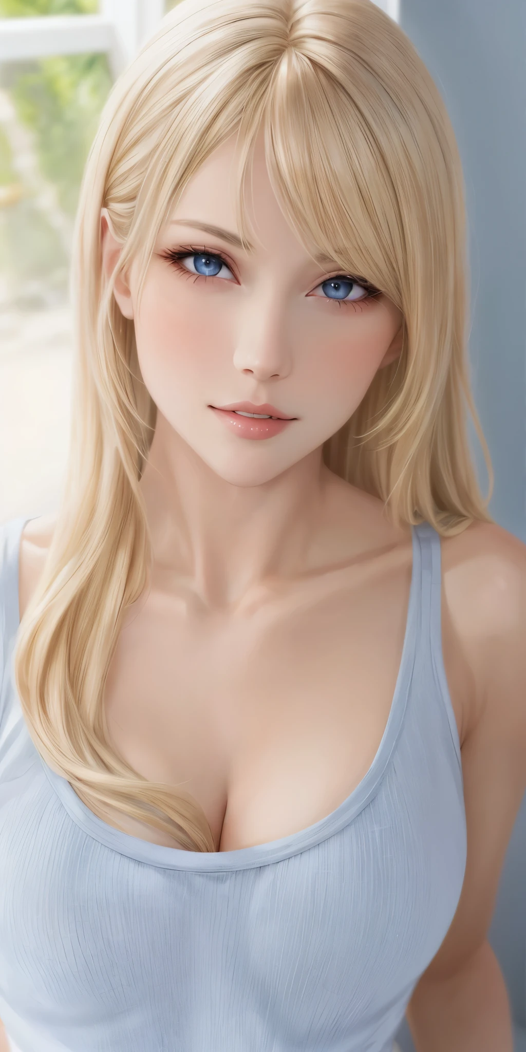 gorgeous adult woman, long neck, long blonde hair, bangs, perfecteyes eyes, casual clothes, cleavage, soft light, high quality, 4k resolution