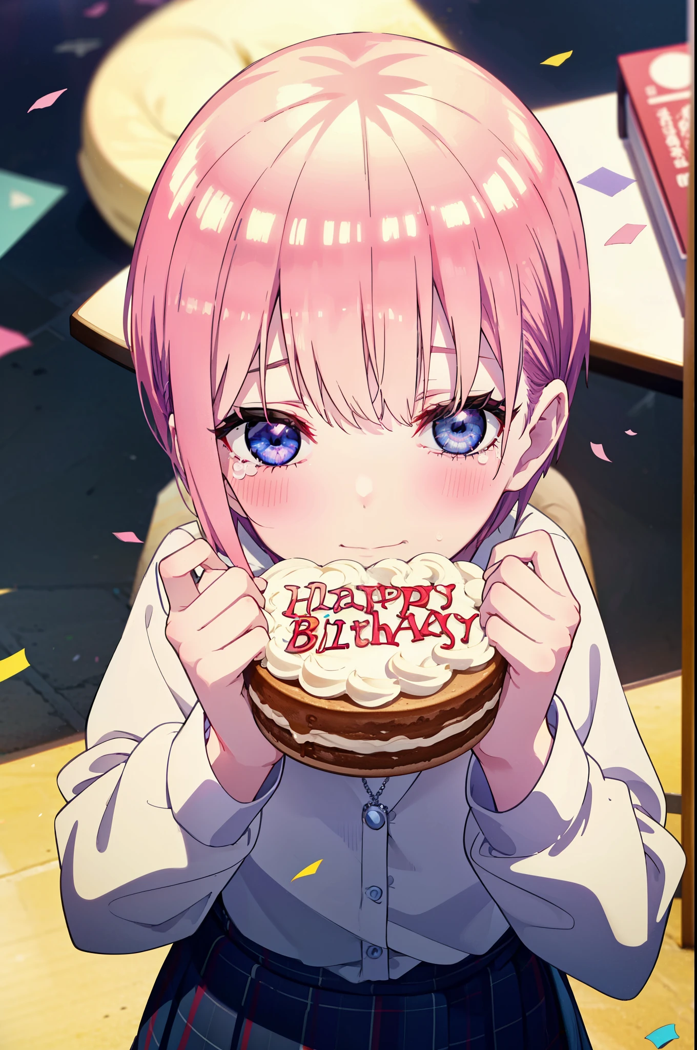 ichikanakano, ichika nakano, short hair, bangs, blue eyes, Hair between the eyes, smile,Pink Hair,,smile,blush,白色No sleeveドレス,Long skirt,White stiletto heels,No sleeve,naked,nakedの腕,nakedの首,nakedの鎖骨,holding a large bouquet of flowers in each hand,Locket Necklace,Confetti,There is a birthday cake on the table,Tears stream down her face,Sad and crying,Cry a lot,So that the whole body goes into the illustration,
break indoors, on stage,venue,
break looking at viewer, (Cowboy Shot:1.5),
break (masterpiece:1.2), highest quality, High resolution, unity 8k wallpaper, (shape:0.8), (Beautiful details:1.6), Highly detailed face, Perfect lighting, Highly detailed CG, (Perfect hands, Perfect Anatomy),