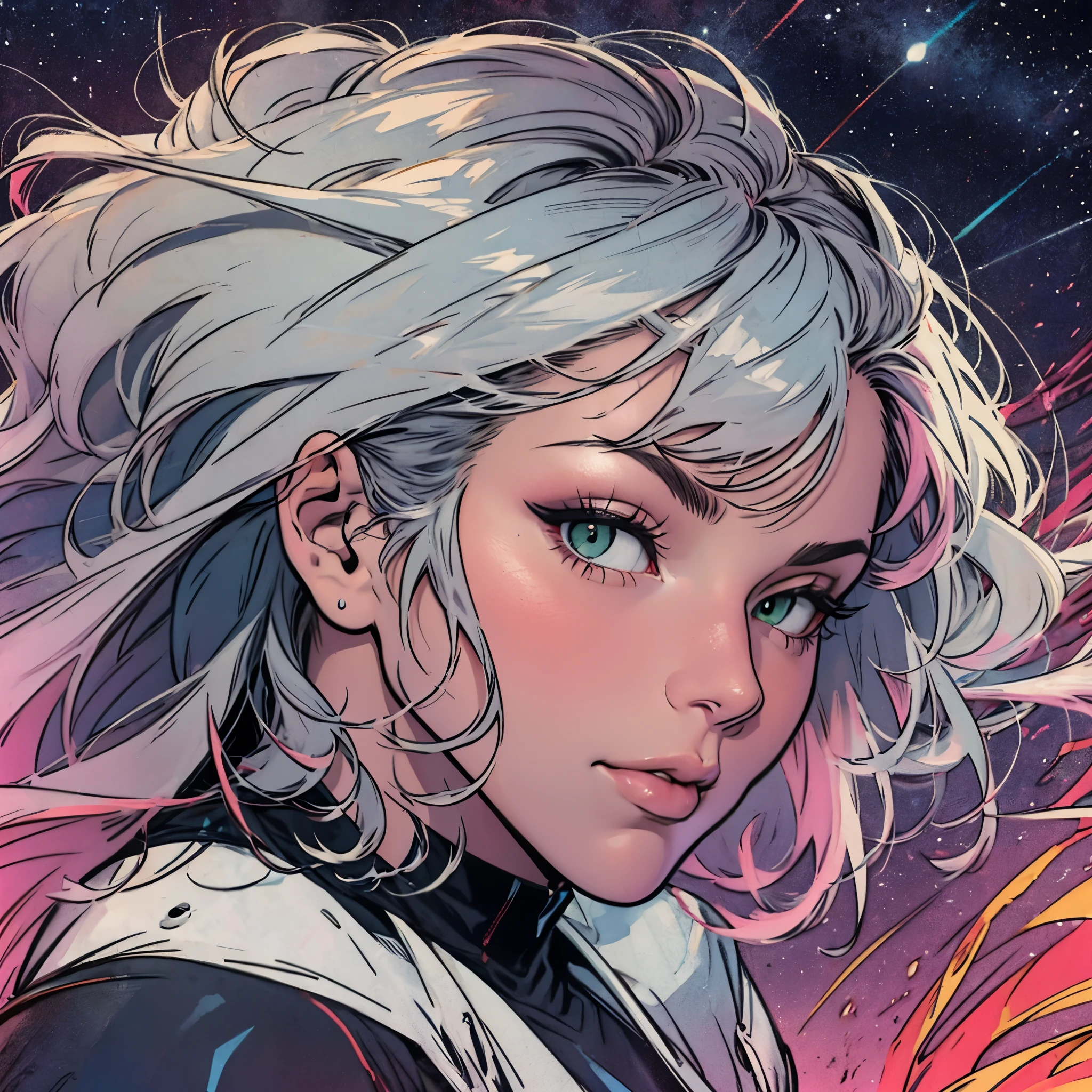 ultimate best quality,beautiful woman,speech bubble,big brest,60s,70s,80s,colorful,((Heterochromia)),various angle,beautiful starry sky,
