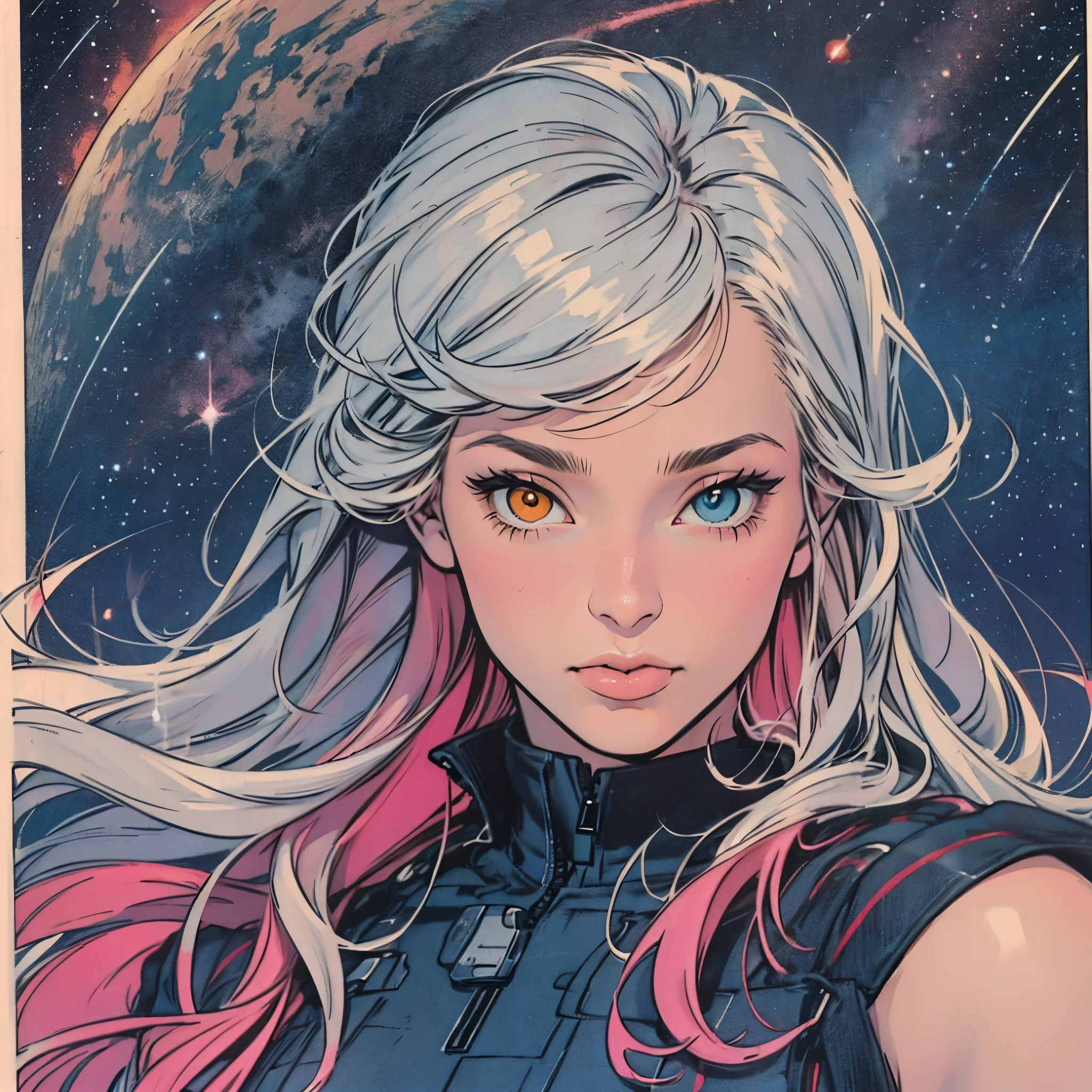 ultimate best quality,beautiful woman,speech bubble,big brest,60s,70s,80s,colorful,((Heterochromia)),various angle,beautiful starry sky,