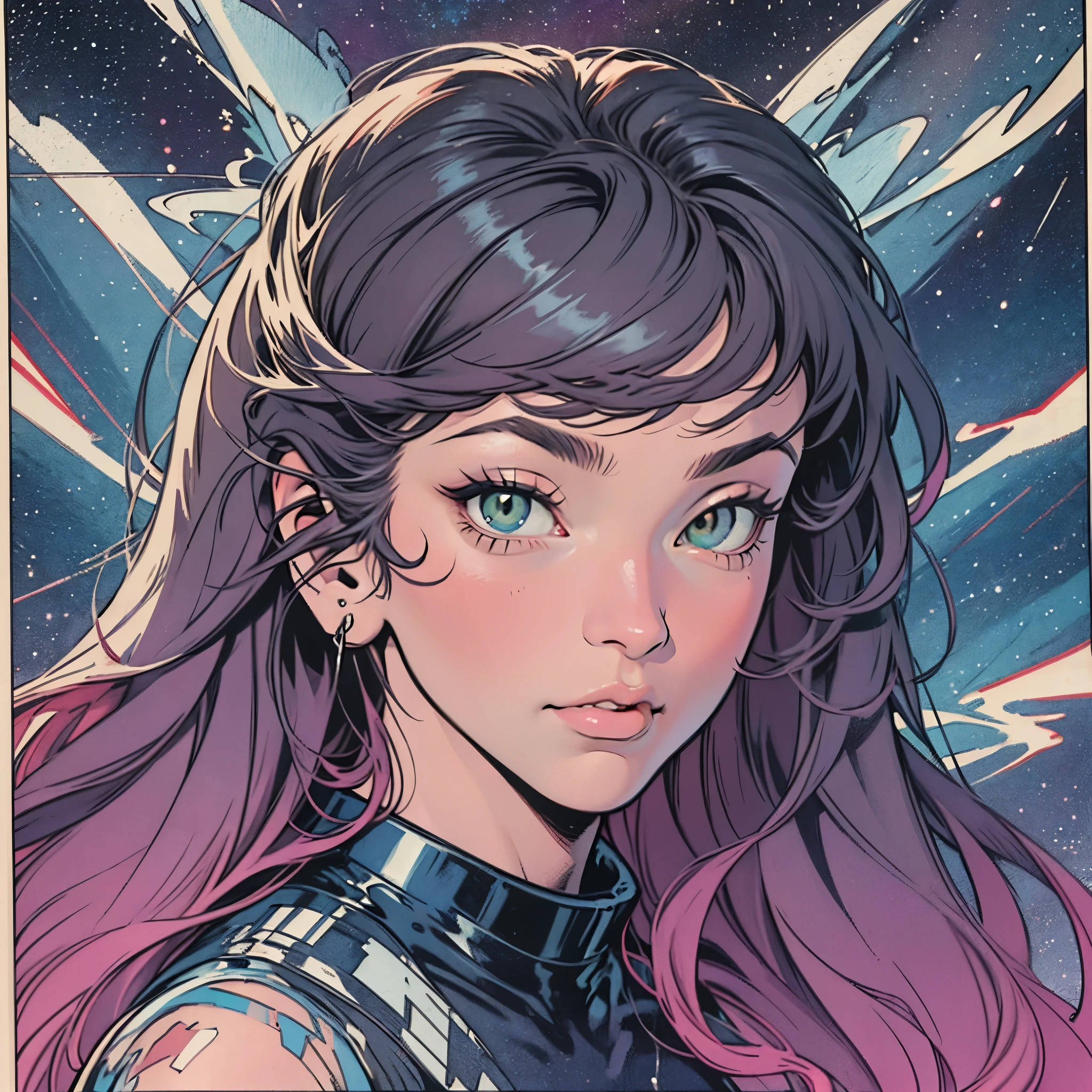 ultimate best quality,beautiful woman,speech bubble,big brest,60s,70s,80s,colorful,((Heterochromia)),various angle,beautiful starry sky,