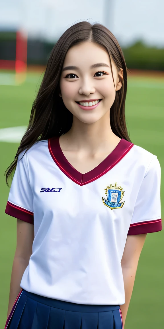 neat college girl, person, (school uniform, summer clothes, short sleeves), outside the athletic field, (slim, small, flat, small), photorealistic, detail, skin texture, ultra detail, delicate and sexy collarbone, smile, super detailed face, detailed lips, detailed eyes, double eyelids, photos in which the body is facing forward,