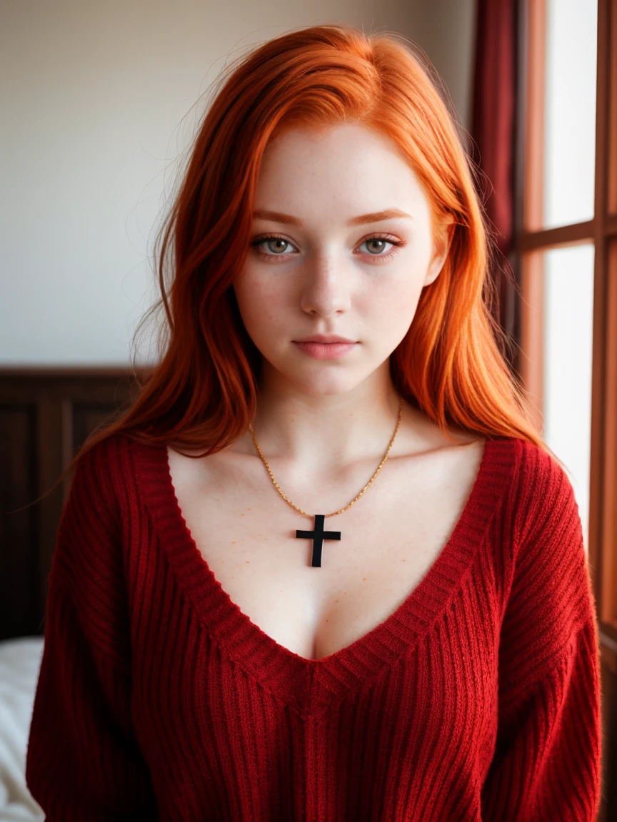 1 Girl, 24 years old, (bright red hair:1.3), shoulder length hair, freckles, blue eyes, photo, (photorealism:1.4), realistic anatomy, average breasts, nun cosplay, slutty nun,