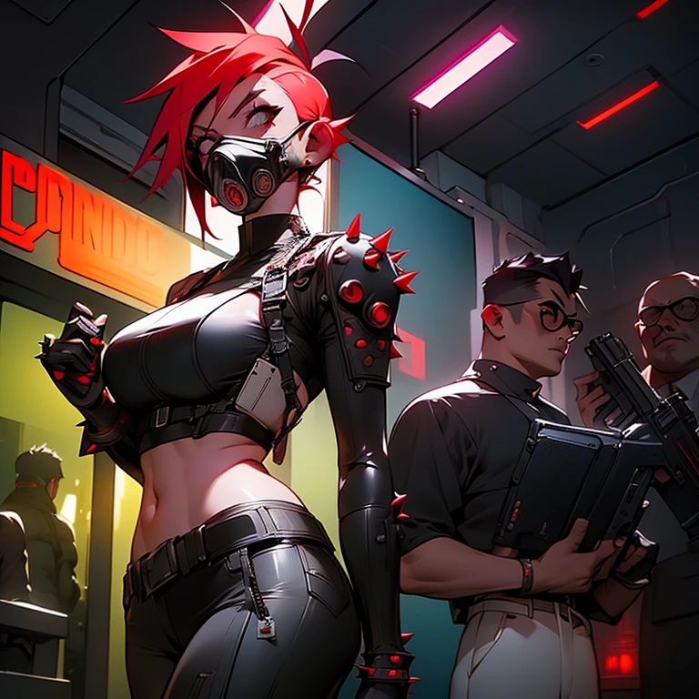 a woman in a gas mask holding a gun, red spiky hair, official artbook, toga, cyberpunk character design, official artwork, streaming on twitch, detailed color scan, midriff, teenager girl, ( ( character concept art ) ), hyper detailed faces, boisterous