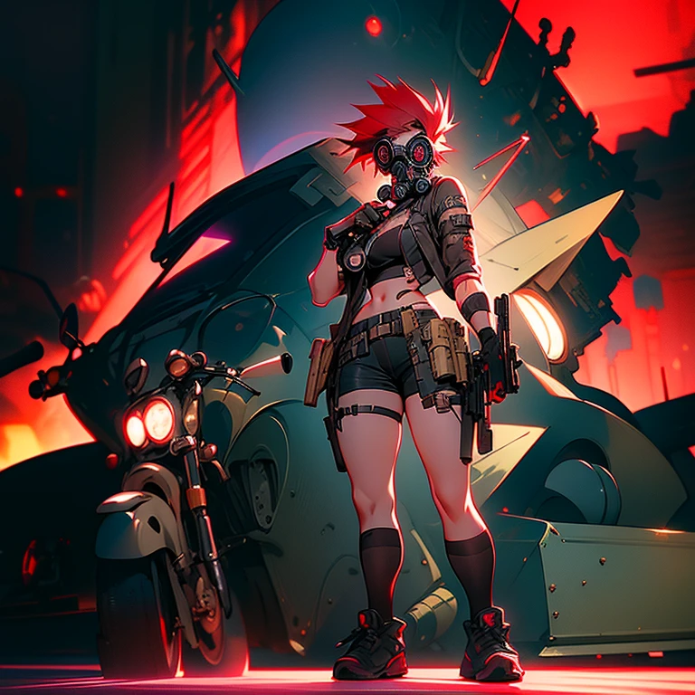 a woman in a gas mask holding a gun, red spiky hair, official artbook, toga, cyberpunk character design, official artwork, streaming on twitch, detailed color scan, midriff, ager girl, ( ( character concept art ) ), hyper detailed faces, boisterous