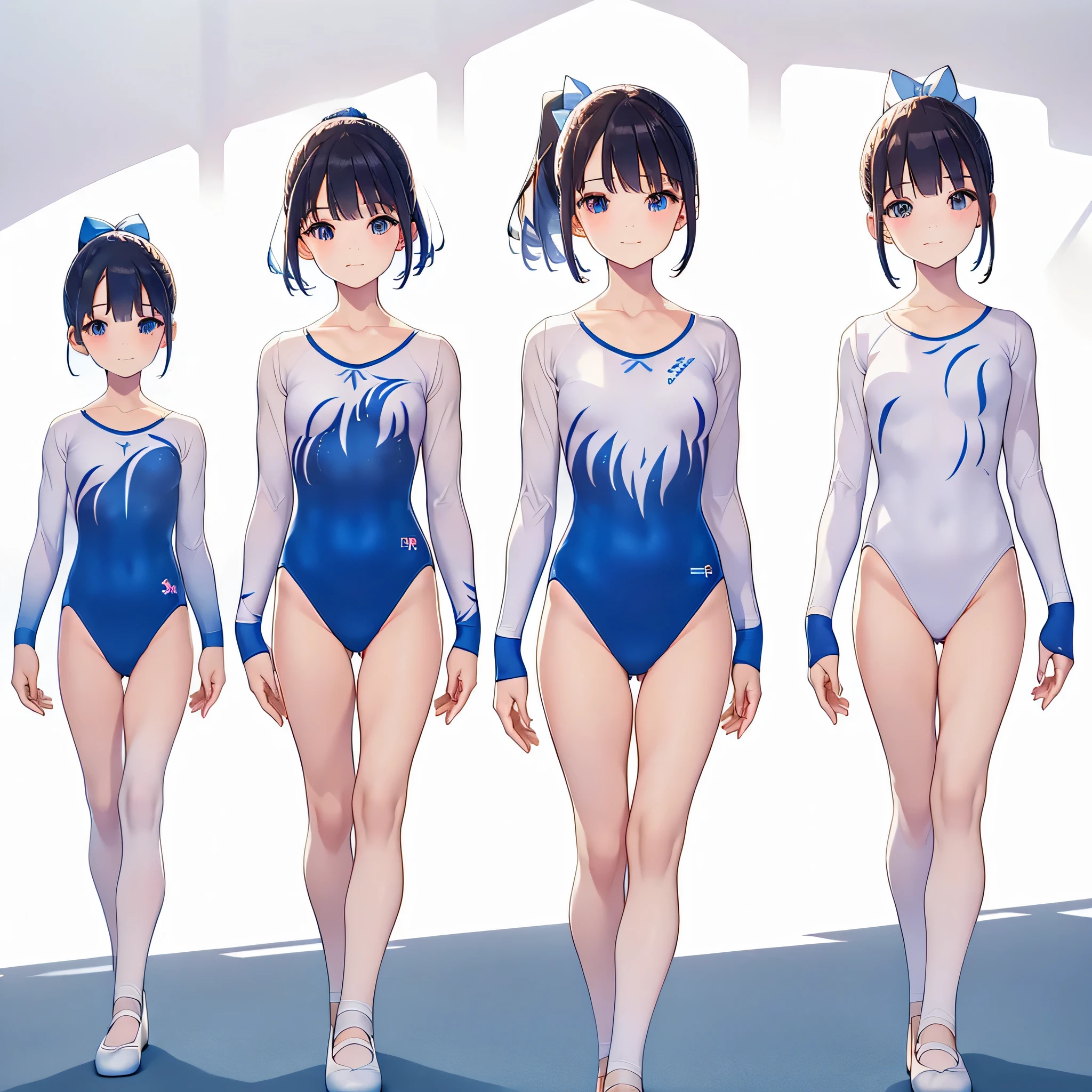 Gymnastics club,(4 girls:1.3),(long sleeves leotard:1.3),(solid leotard:1.3),(white leotard),full body, pony tail, blue ribbon, long hair,(body suit:1.2),(over , under 19 years old:1.2), ballet shoes, white background