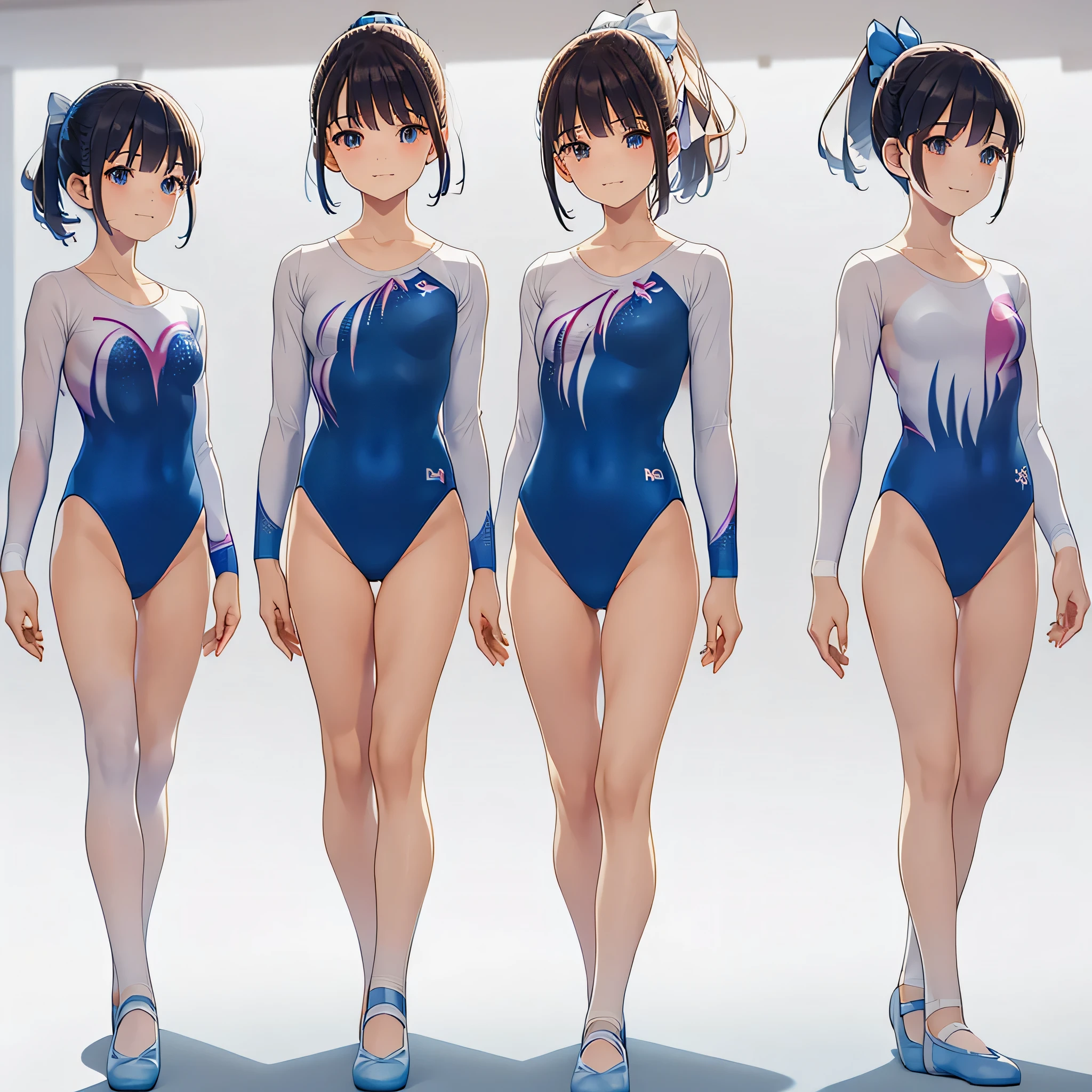 Gymnastics club,(4 girls:1.3),(long sleeves leotard:1.3),(solid leotard:1.3),(white leotard),full body, pony tail, blue ribbon, long hair,(body suit:1.2),(over ************, under 19 years old:1.2), ballet shoes, white background