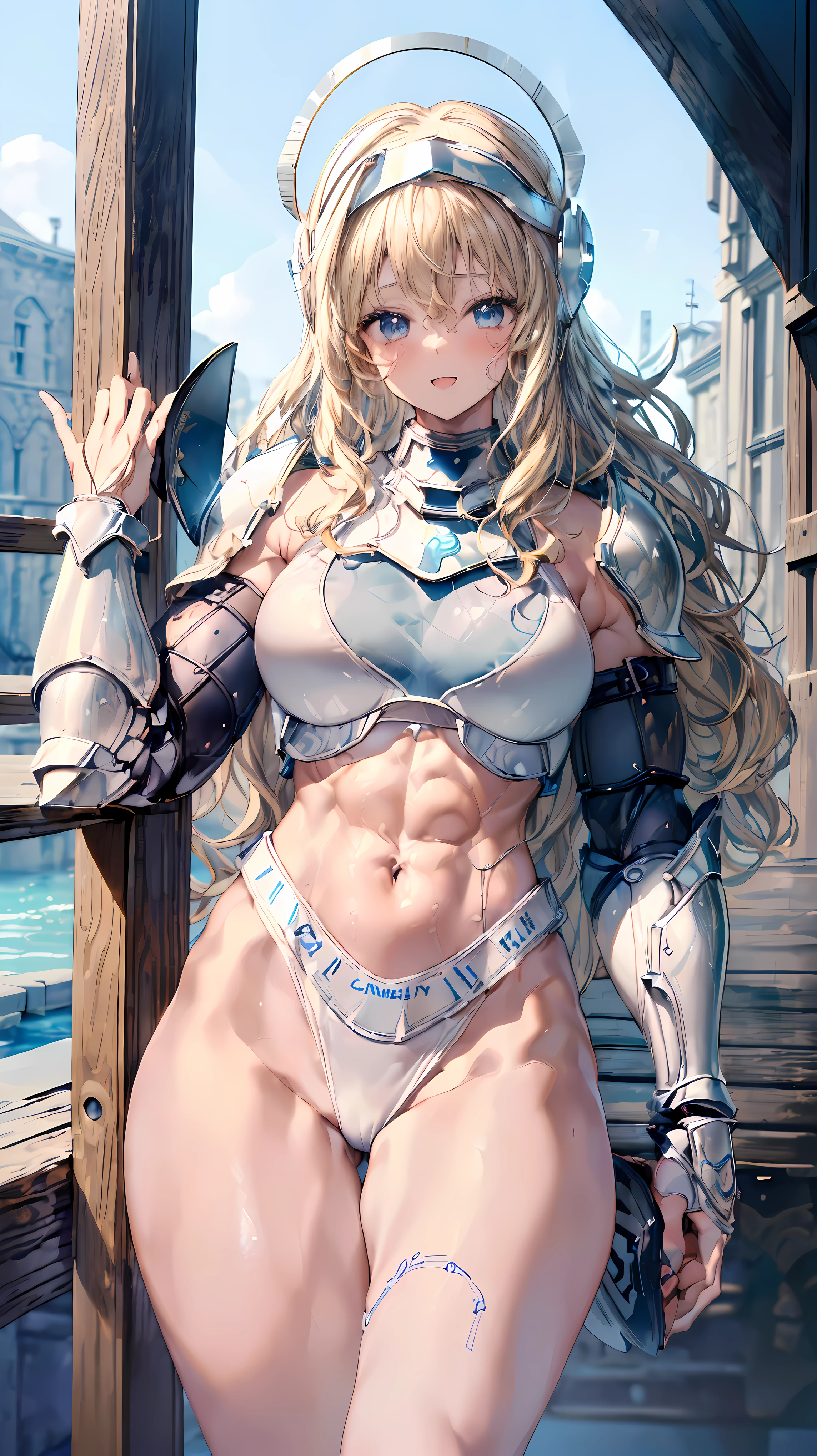 (Adult women:1.5)、Very detailed、highest quality、Best image quality、masterpiece、8k、Anime Face、A kind smile、(Open your mouth)、Sparkling blue eyes、(Blonde Wavy Hair:1.5)、、Muscles of the whole body、(High leg:1.5)、Thigh belt、(Wearing white bikini armor:1.5)、(Cowboy Shot:1.5)、(Leg armor:1.5)、(Wearing a helmet:1.5)