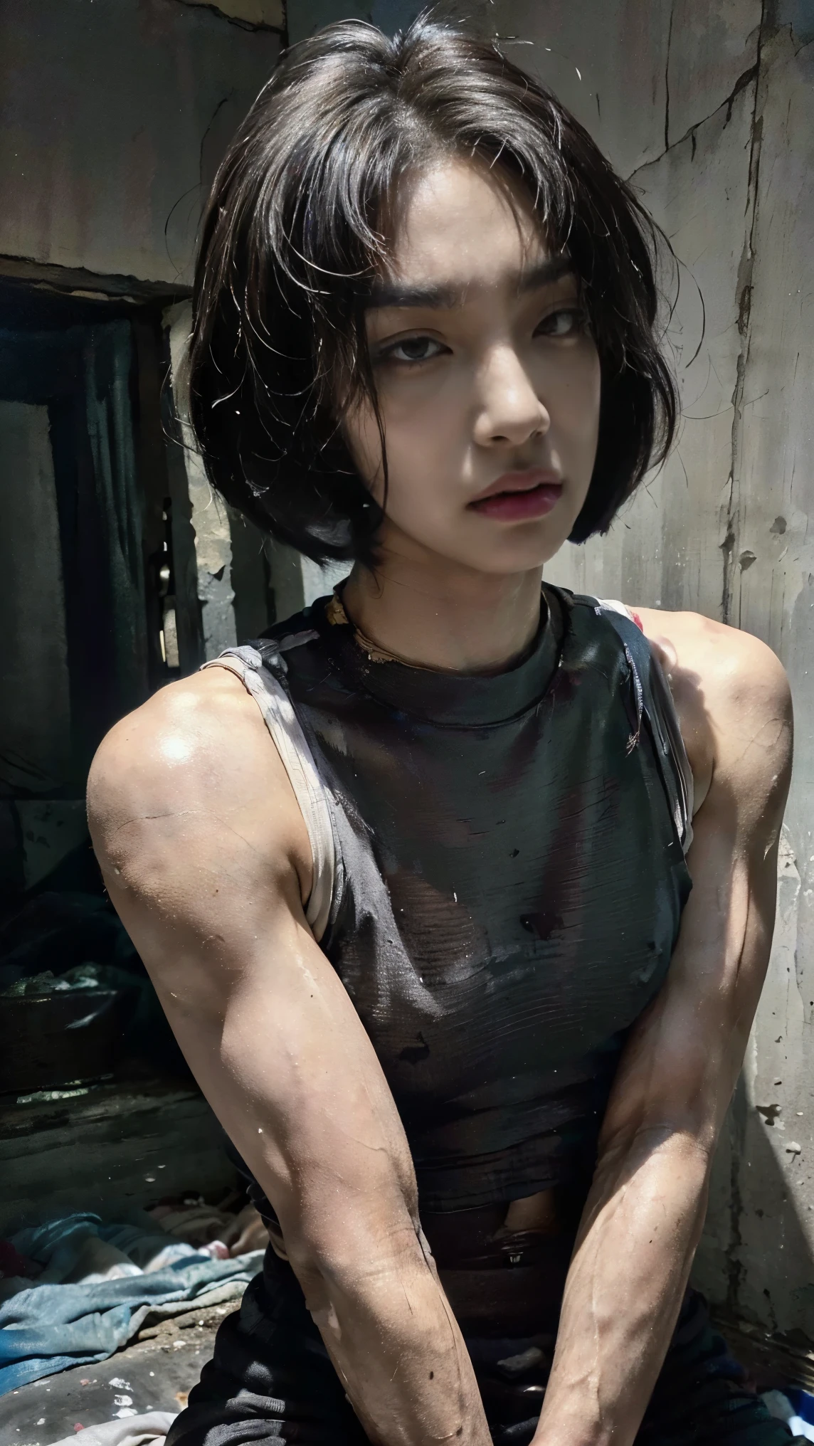 Realistic photos, 8k,(((Bob cut ladyboy,transgender,otokonoko))),(((Damp,In a dirty room,Having a meal,A message is posted,Crouching,Homeless,Begging,Pale face,It is dirty,Bad smell,dirty,odor,Homeless,Depraved,Handsome young Korean ladyboy with bob cut))),(((Very big eyes,Glaring at the camera,Angry face,looking at the camera,Frowning))),Chest is male,18-year-old,(Ultra-realistic), (figure), (High resolution), (8k), (Very detailed), (Best figure), (Beautiful fine details), (highest quality), (Super detailed), (masterpiece), (wallpaper), (Detailed face), ((whole body,Flat Chest,Very muscular,Muscles like athletes,massive)),alone,Black hair bob cut,(((A girl with makeup on her face,The body is a perfect man))), Dirty tracksuits,Training pants,Transgender,Korean,kpop,Muscular male chest