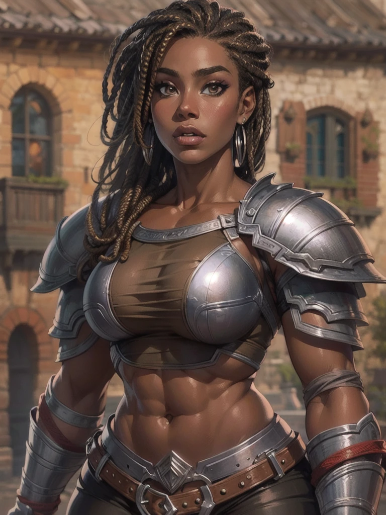 Beautiful, Black Woman, 20-years-old, Black skin, brown hair Dreadlocks, brown eyes, ((muscular curvy)), (((big breasts big ass and thick thighs))), With a serious look, (wearing full plate dress armor), Background: Medieval Town, Full body, Conceptual art, UHD, masterpiece, anatomically correct, high details, super detail, high quality, highres, 4K, 8k