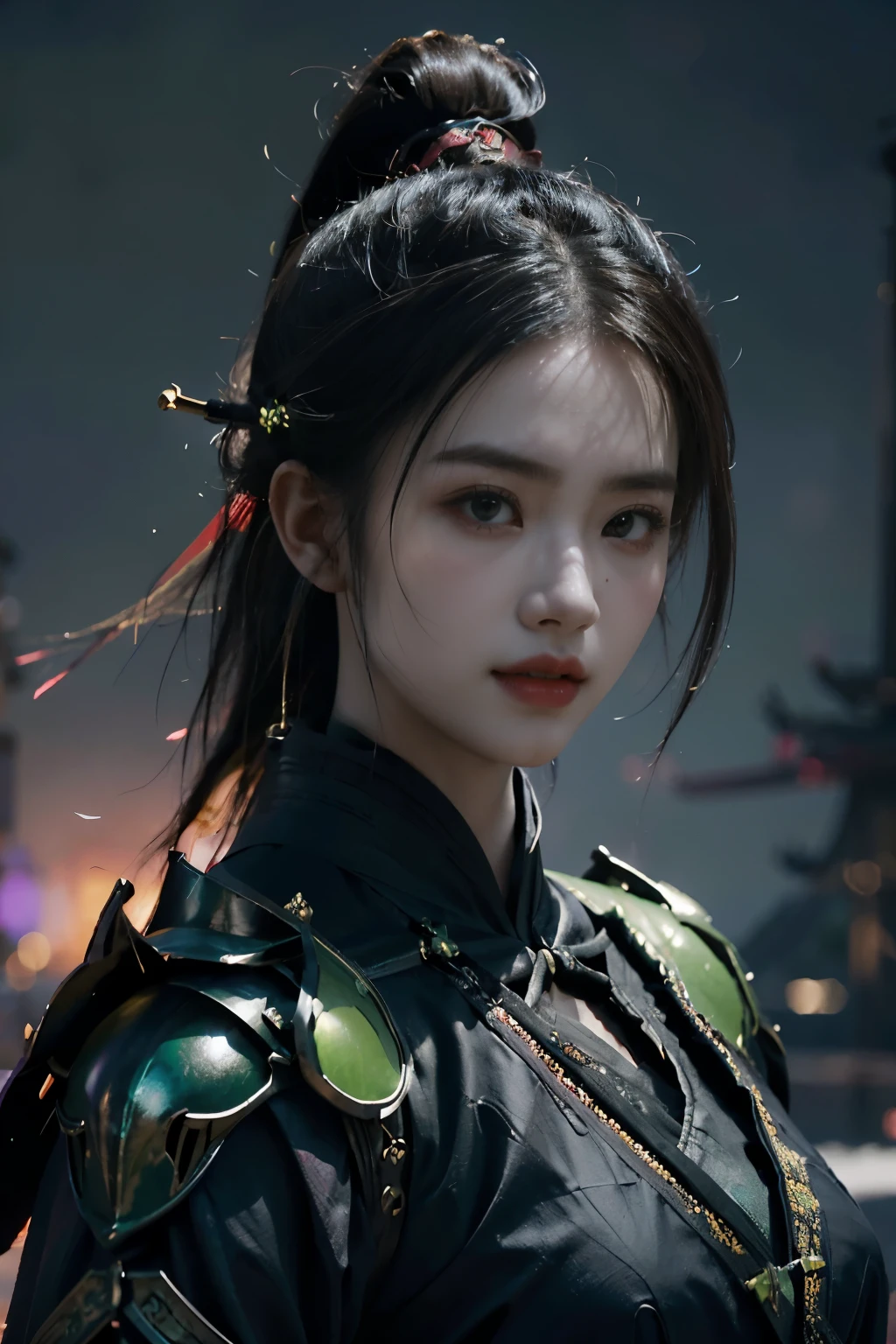 Game art，The best picture quality，Highest resolution，8K，(A bust photograph)，(Portrait from bust:1.5)，(Head close-up)，(Rule of thirds)，Unreal Engine 5 rendering works， (The Girl of the Future)，(Female Warrior)， 
20-year-old girl，(The warrior in ancient China)，(Short ponytail hairstyle)，An eye rich in detail，(Big breasts)，Elegant and noble，indifferent，(Smile)，
(The costume of Chinese swordsman elements，Costumes of ancient Chinese characters，Armor，The costume is Neon Green and purple，Heavy armour，Joint Armor)，(Chinese Hanfu:1.3)，figure，Fantasy style，
Photo poses，Field background，Movie lights，Ray tracing，Game CG，((3D Unreal Engine))，oc rendering reflection pattern