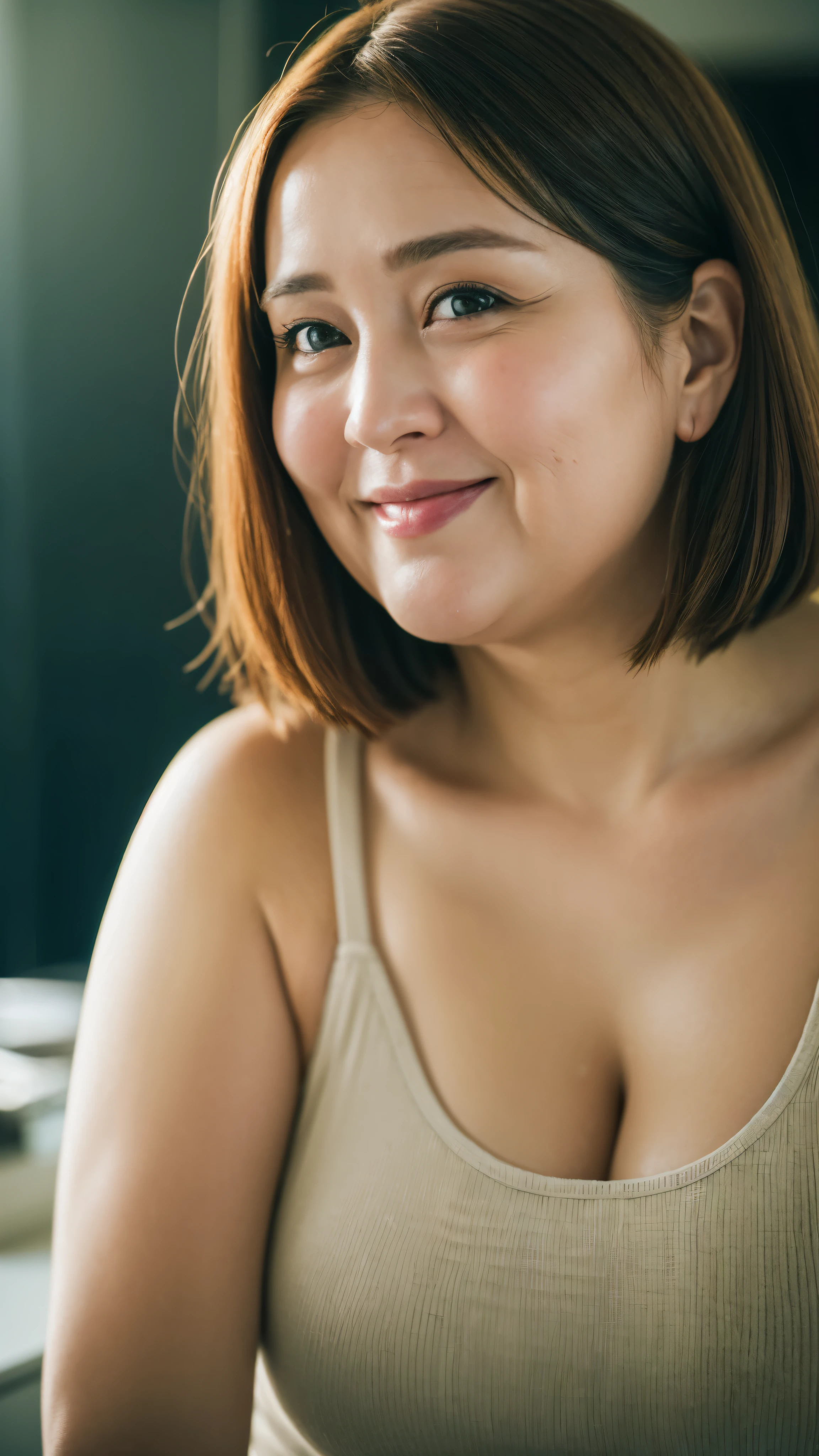 Foto RAW, Nordic Face, Looks like Julianne Moore, Highly detailed CG Unity 8k wallpaper, top quality, super detailed, masterpiece, realistic, photo realistic, very detailed cute girl, 45 years old, ((chubby lady:1.3)) , (plump lady:1.3) , large breasts , cleavage , round eyes, viewer, smile, parted lips, half body shot , naked apron , kitchen , bangs , shoot from the side,(pele altamente detalhada: 1.2), 8k UHD, DSLR, soft-lighting, alta qualidade, grain of film, Fujifilm XT3