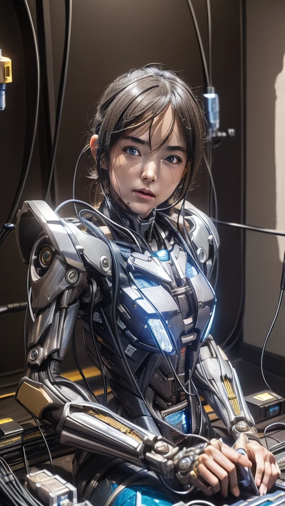 (((masterpiece))), (((highest quality))), ((Very detailed)), (Extremely detailed), ((close your eyes)), ((Kamen Rider)), ((Blue light)) ((Very delicate and beautiful)),(Cute and delicate face),Cinematic Light,((Girl)),alone,whole body,(Machine made joints:1.4),((Mechanical limbs)),(Blood vessels connected to tubes),((Mechanical vertebrae attached to the back)),((Cervical vertebrae mechanically attached to the neck)),((Sitting)),Expressionless,(Wires and cables connecting the head and body:1.5),(Character Focus),SF Black Hair　Sweaty face　cute　wearing a robot suit　Female college student　Lying in bed