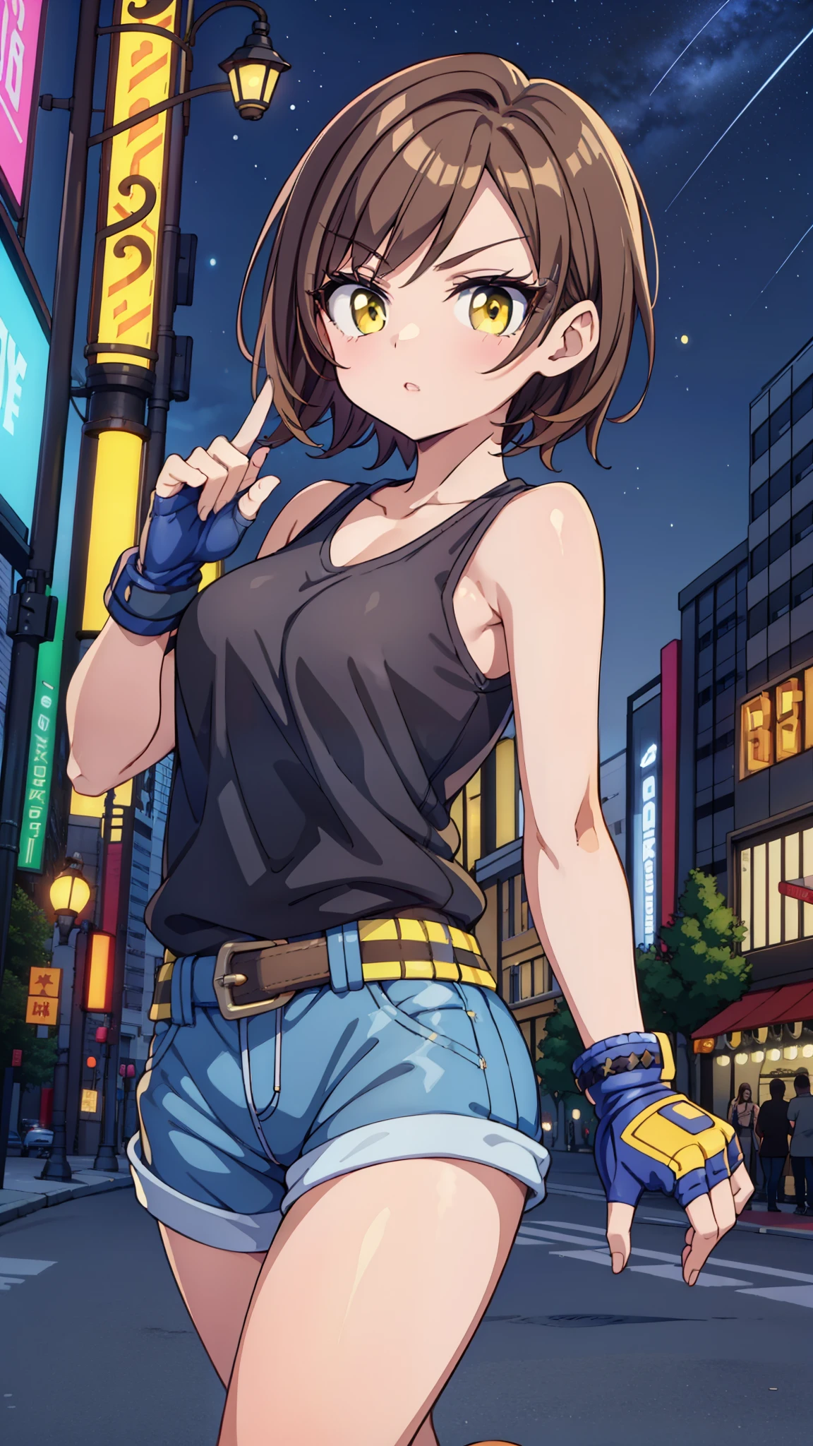 street dancer, short hair, brown hair, yellow glowing eyes, perfect lips, cute expression, cute face, cute pose, fingerless gloves, gun, tank top, jacket, cute pose, ultra detailed face, long eyelashes, sharp eyes , Fullbody shot, dinamic viewer, night sky