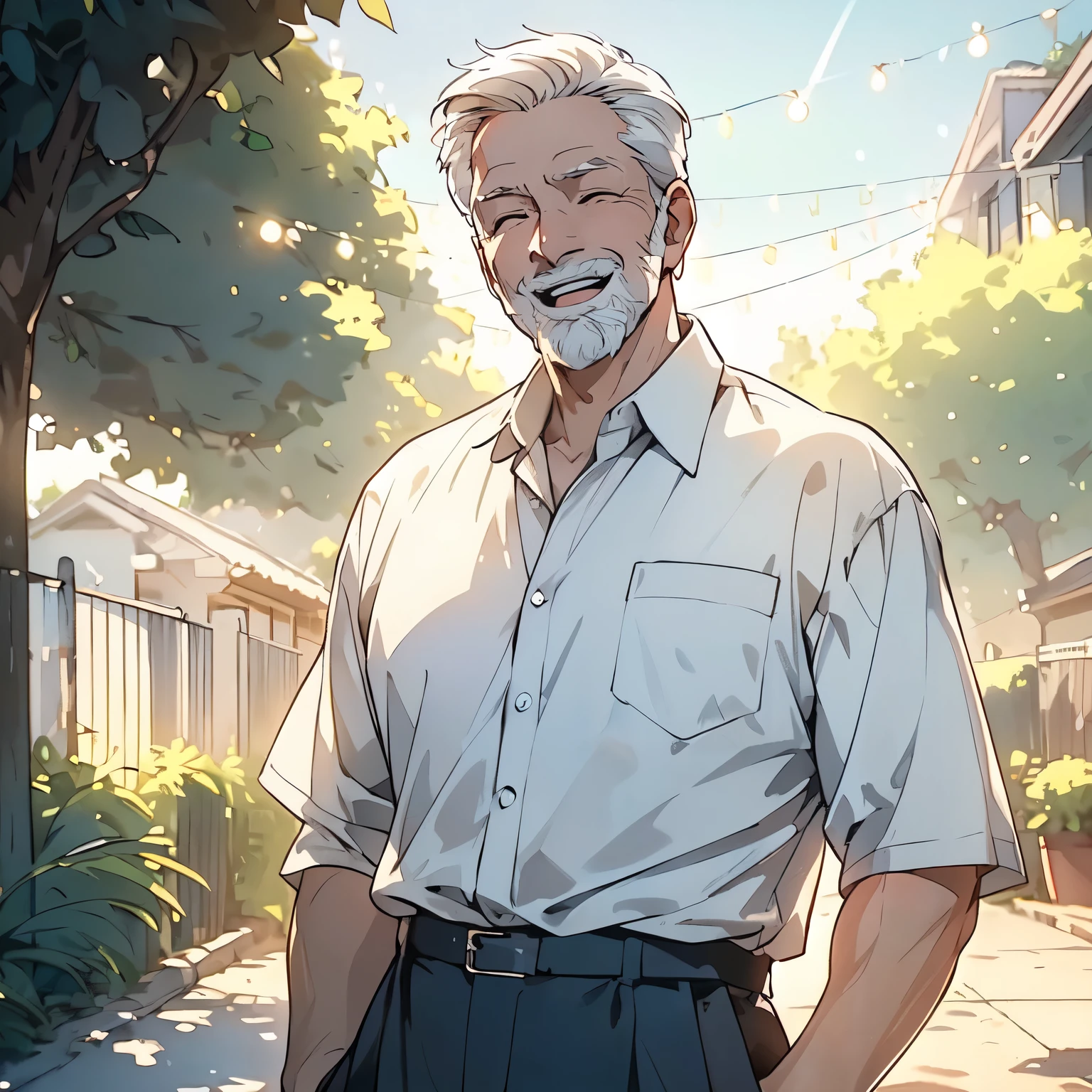 A white hair,60-year-old grandfather in a white shirt,Standing in the yard of a town house,,Happy expression,Open mouth smile,Close your eyes(Upper body display:1.5)(cinematic lighting:1.5))(ultra-high detail:1.5)(best quality:1.5)