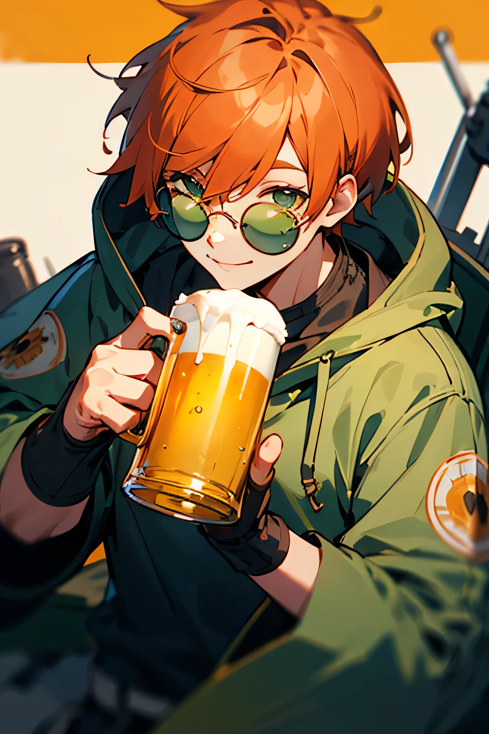 Male, short hair, Orange hair, Hoodie written "beer", Green round glasses, wasteland, smilling