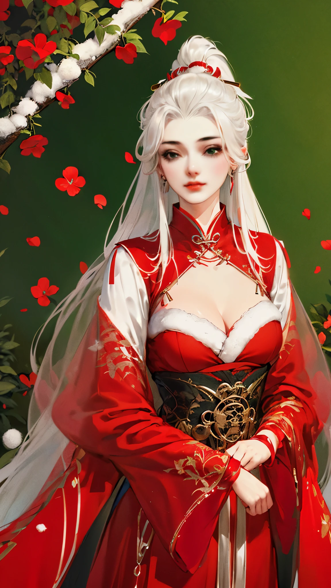 the Extremely Detailed CG Unity 8K Wallpapers，tmasterpiece，Best picture quality，1girl，(mature female:1.2),white hair，Be red in the face，（((red dress))), Hanfu，Chinese style，medium breasts,closeup cleavage，((Green walls))，snow, plum bossom, petals，front,upper body,
arms at sides,