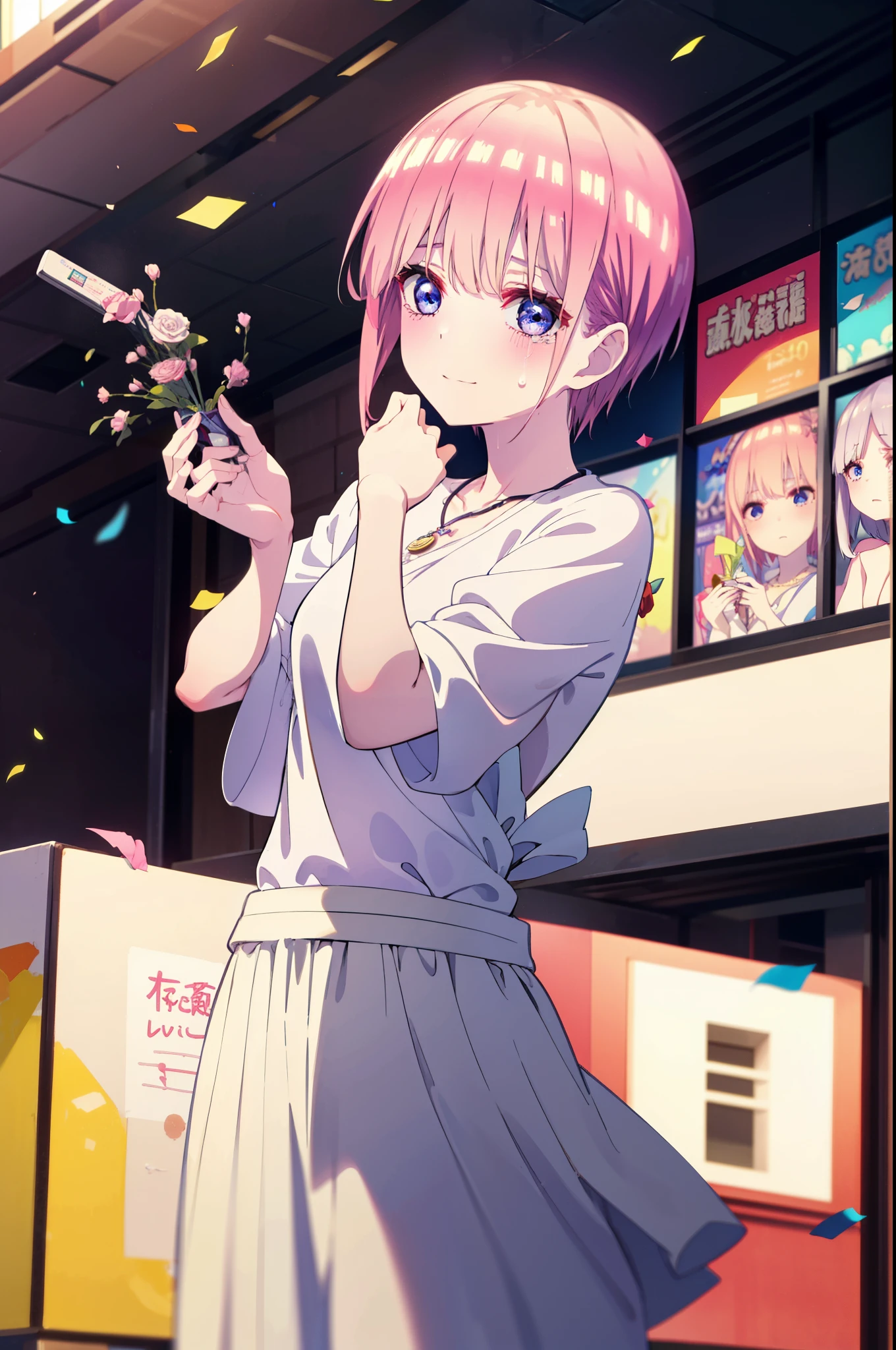ichikanakano, ichika nakano, short hair, bangs, blue eyes, Hair between the eyes, smile,Pink Hair,,smile,blush,白色No sleeveドレス,Long skirt,White stiletto heels,No sleeve,naked,nakedの腕,nakedの首,nakedの鎖骨,holding a large bouquet of flowers in each hand,Locket Necklace,Confetti,There is a birthday cake on the table,Tears stream down her face,Sad and crying,Cry a lot,So that the whole body goes into the illustration,
break indoors, on stage,venue,
break looking at viewer, (Cowboy Shot:1.5),
break (masterpiece:1.2), highest quality, High resolution, unity 8k wallpaper, (shape:0.8), (Beautiful details:1.6), Highly detailed face, Perfect lighting, Highly detailed CG, (Perfect hands, Perfect Anatomy),