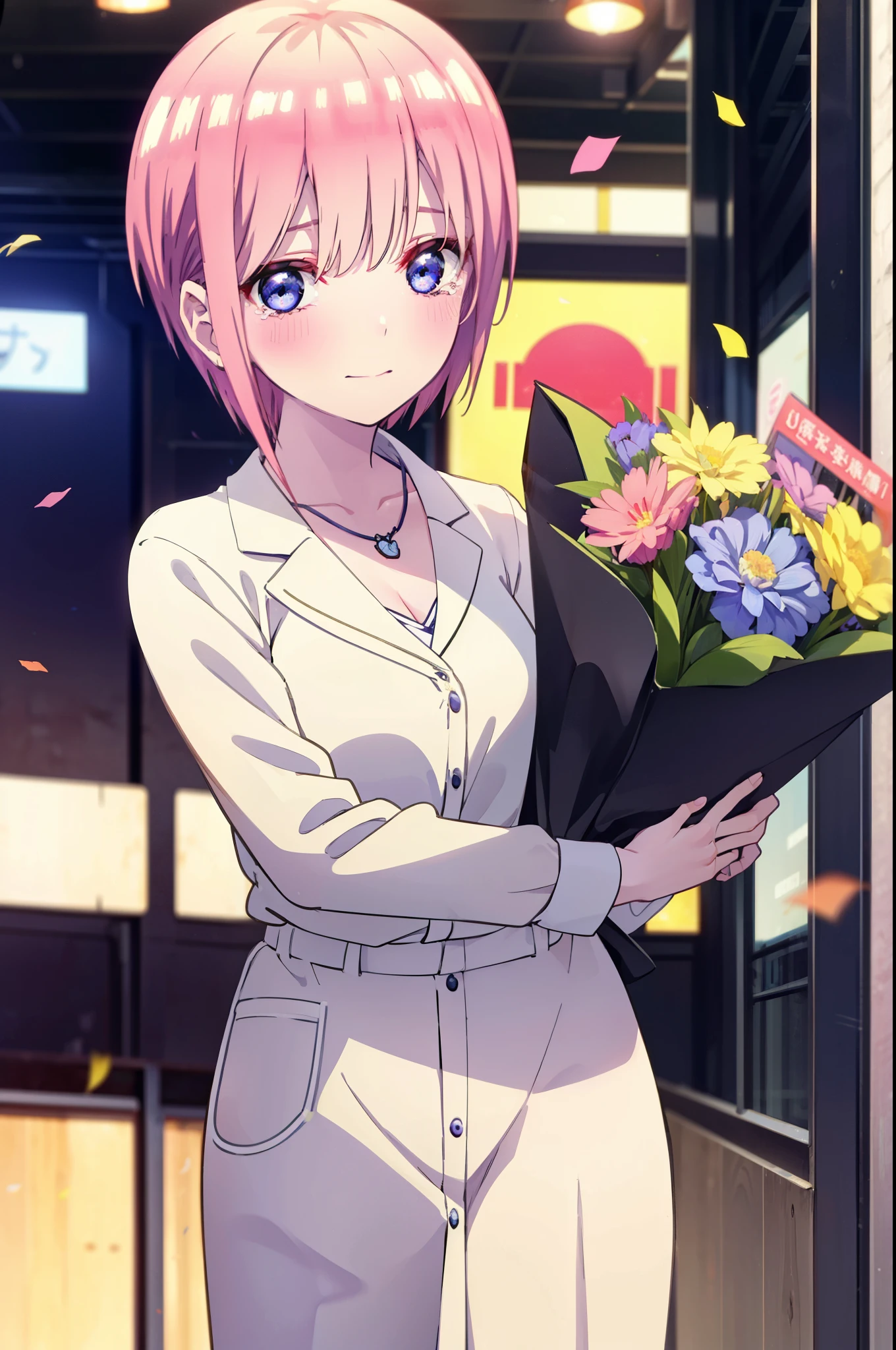 ichikanakano, ichika nakano, short hair, bangs, blue eyes, Hair between the eyes, smile,Pink Hair,,smile,blush,白色No sleeveドレス,Long skirt,White stiletto heels,No sleeve,naked,nakedの腕,nakedの首,nakedの鎖骨,holding a large bouquet of flowers in each hand,Locket Necklace,Confetti,There is a birthday cake on the table,Tears stream down her face,Sad and crying,Cry a lot,So that the whole body goes into the illustration,
break indoors, on stage,venue,
break looking at viewer, (Cowboy Shot:1.5),
break (masterpiece:1.2), highest quality, High resolution, unity 8k wallpaper, (shape:0.8), (Beautiful details:1.6), Highly detailed face, Perfect lighting, Highly detailed CG, (Perfect hands, Perfect Anatomy),