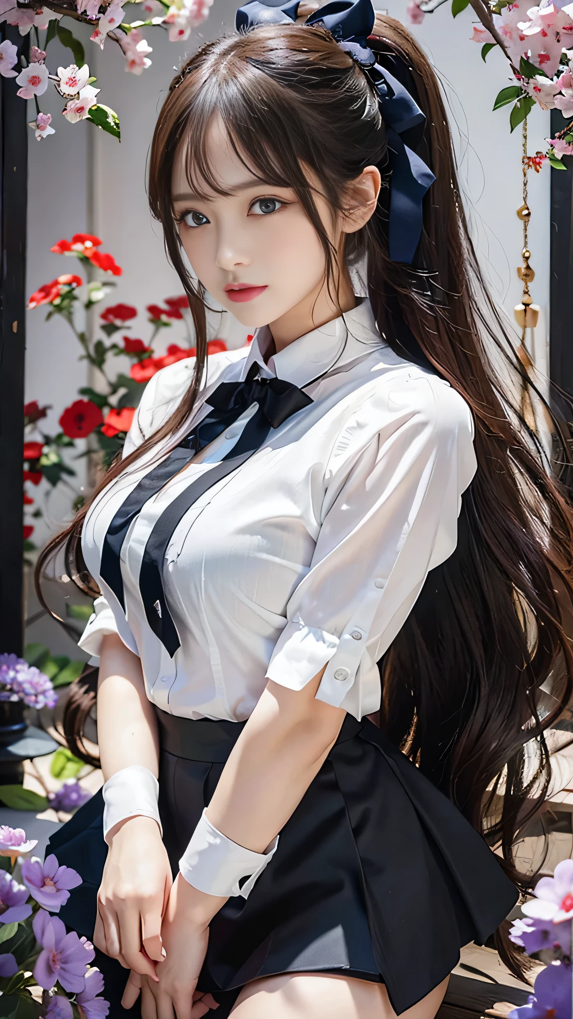 highest quality, masterpiece,, One girl, alone, , White shirt, Black Skirt, Light Hair, Semi-long hair, Beautiful detailed girl, Highly detailed eyes and face, Beautiful fine details, shy, nature, Shine, View your viewers, Outdoor, loafers, Black Pantyhose, Blue bow tie, Straight hair, Purple petals, Purple and blue flowers, Red Eyes, ponytail, Blue Ribbon,Beautiful thighs, Large Breasts, Red eyes,