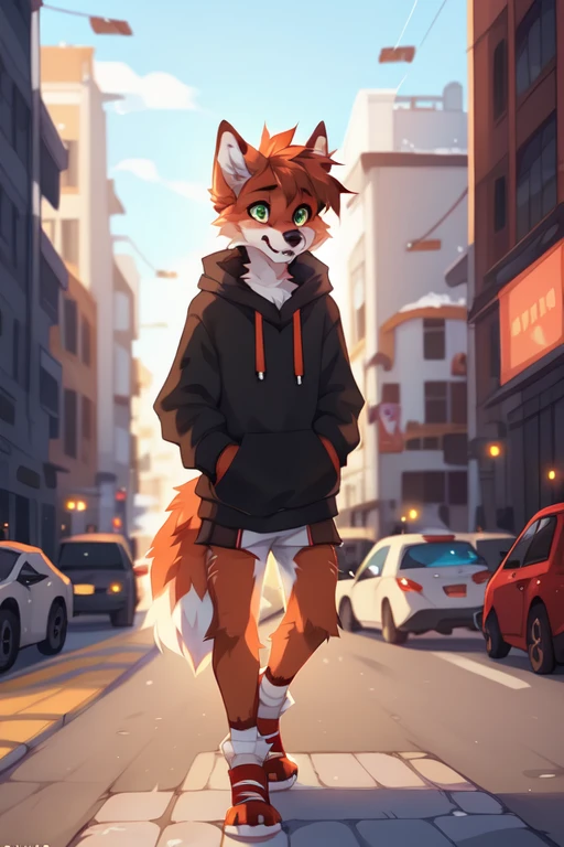 solo，Male，orange fox，Brown limbs，Brown paws and ears，Green eyes，Red sweatshirt with grey sleeves，Energetic youth，On the streets of the city,furgonomic footwear， ((by keihound, by reysi)), by Zackary911, by hyattlen, by fumiko, by fluff-kevlar, Furry, Anthro