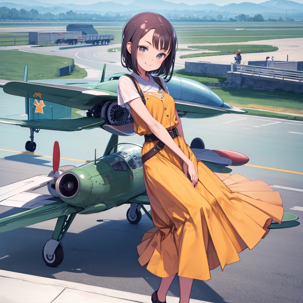 masterpiece、highest quality、High resolution、Very detailed、Medium wide shot、Girl、Airfield、Runway、Retro airplane、smile、