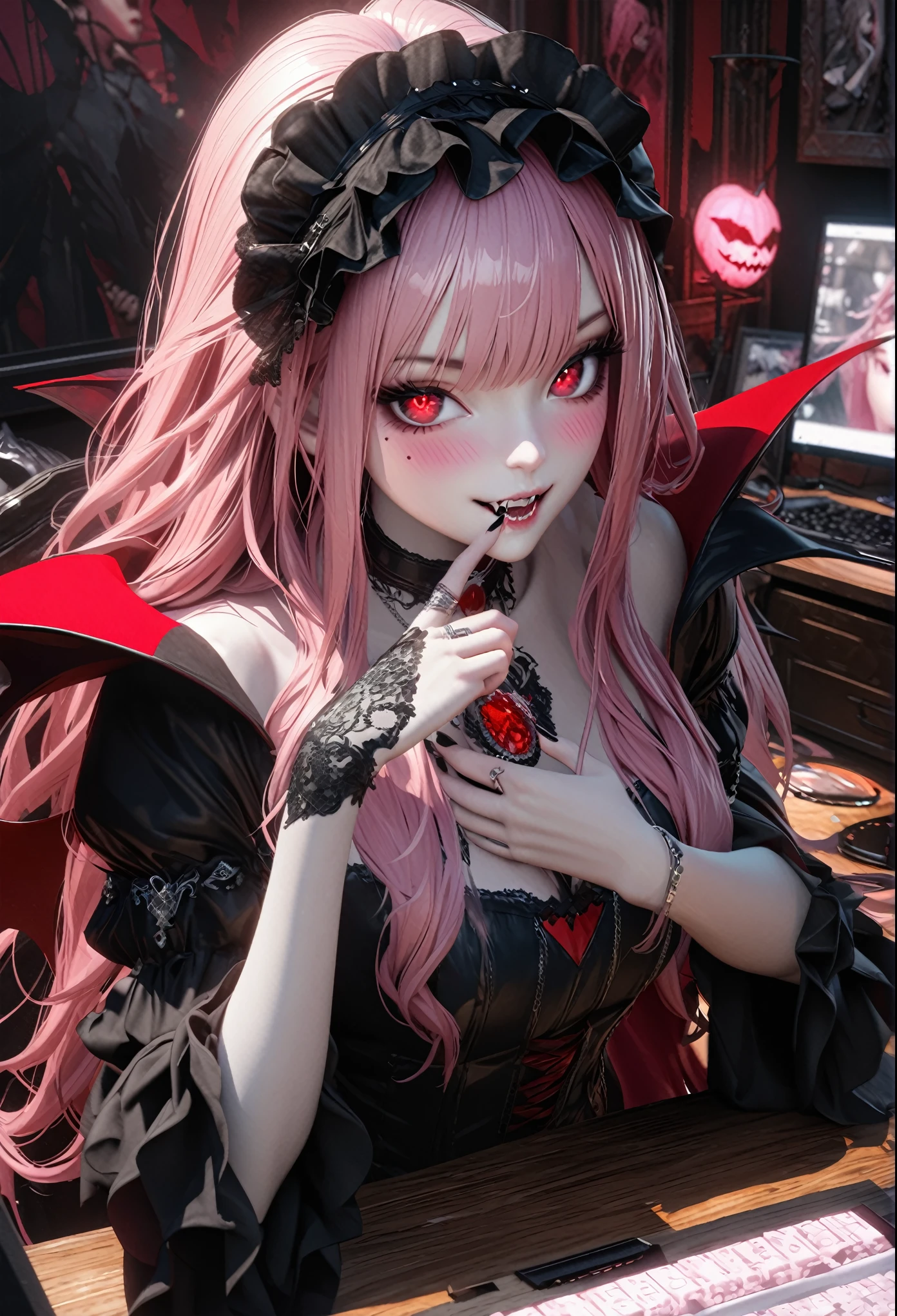 She has pink hair and bangs, a ring on her finger, white skin, sharp eyes, dark makeup, long acrylic nails painted in silver, an intricate ring on her finger, and fangs on her mouth. She's a very cute goth anime girl wearing a vampire costume. She exudes sophistication and coolness. Vampire mansion and spider web in the background in hyper-realistic style. fashion style, mysterious smile, --ar 3:4 --niji 6 --style raw --s 1000 masterpieces, high quality, very detailed, high resolution, high resolution, high resolution, 4K, 8k, Unity 8k Wallpaper, Highly Detailed CG, Masterpiece, Realistic, 2D, 3D, Beautiful Details, Depth, Fine Texture , Best Quality: 1.3, Fully Focused, Crispy Skin, He,
, vampire costume, pink medium-long hair wearing high , one girl , alone , pink medium-long hair , vampire , computer , disk , mole under his eye , looking at his viewer , high , blush , mole , lips parted headdress, his art, red eyes, choker