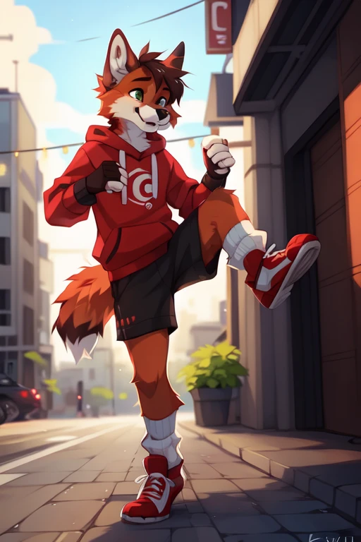 solo,Male,orange fox,Brown limbs,Brown paws and ears,Green eyes,Red sweatshirt with grey sleeves,Energetic youth,On the streets of the city,furgonomic footwear,kicking, ((by keihound, by reysi)), by Zackary911, by hyattlen, by fumiko, by fluff-kevlar, Furry, Anthro