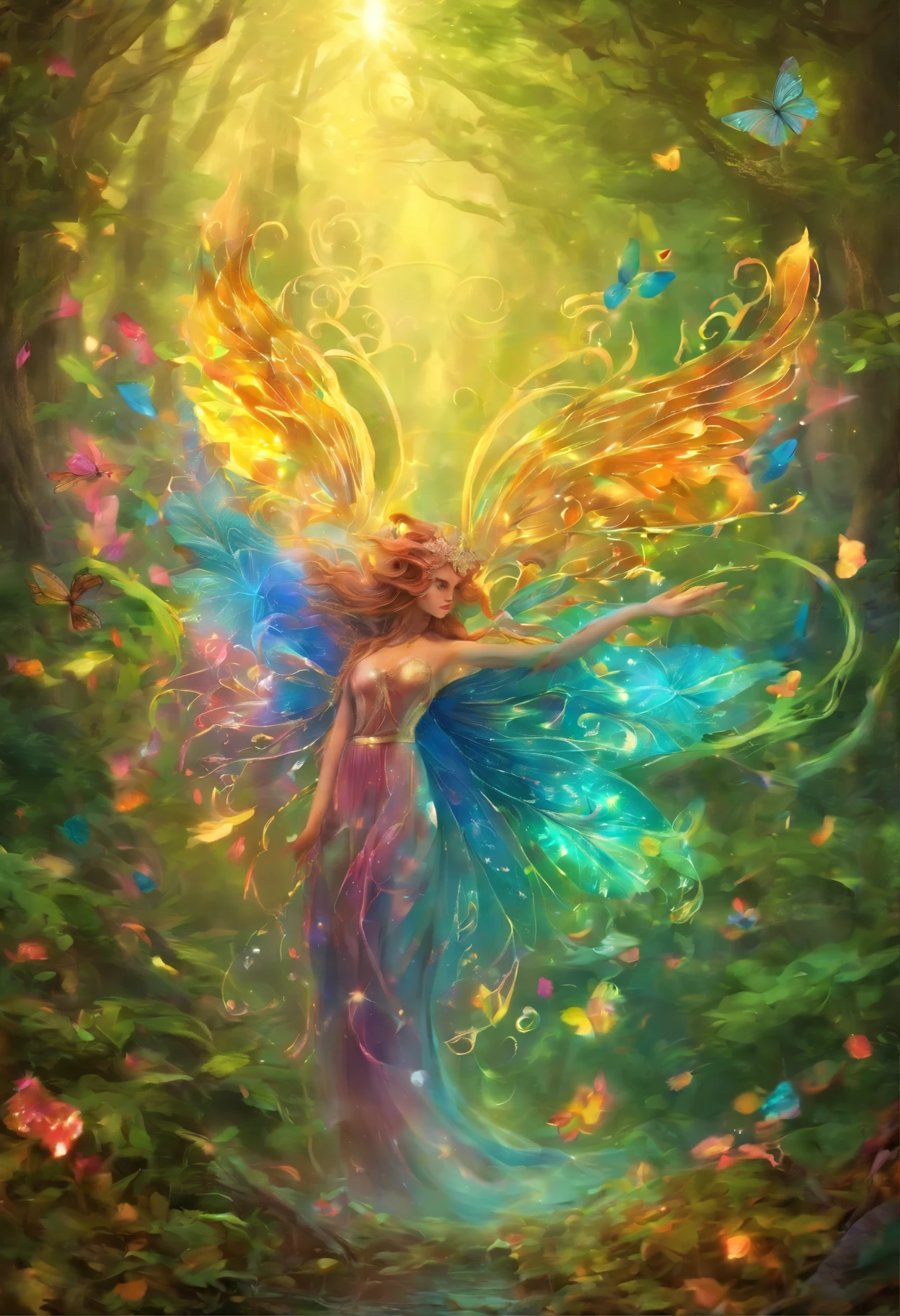 (highest quality,4K,8k,High resolution,masterpiece:1.2),Very detailed,(Realistic,photoRealistic,photo-Realistic:1.37),A forest spirit with glowing wings, Made of leaves and nature,Mysterious glow,Pure,Majestic,green,Dreamy environment,Magic enchantment,delicate and intricate leaf pattern,,Harmony with the surroundings,Sunlight reflected on the wings,Glittering in the dark,Calm and graceful posture,Evoking the forces of nature,A little sparkling dew on the wings,Soft and gentle color palette,An atmosphere of mystery and enchantment,A touch of magic in the air,Whispering wind and rustling leaves,Connection with trees and plants,A strong connection to the forest,Full of natural energy,Pure美しさと無邪気さ,evoke a sense of wonder and awe,Graceful and smooth movements,Natural and organic aesthetic,Heavenly and Spiritual Beings,Sunlight filtering through the forest canopy,Fairy-like features,Aura of Wisdom and Ancient,Enchanted、Untouched Forest Kingdom,step by step、Every time it flaps its wings, magic is born,Delicate and ephemeral,Illuminating the darkest corners of the forest,Close bond with forest animals and creatures,Peaceful and calm atmosphere,A deep sense of harmony between nature and the nymphs,Whispering the Secrets of the Forest,Each leaf is intricately designed、Full of vitality,An overwhelming sense of calm and serenity,A lively and playful spirit.