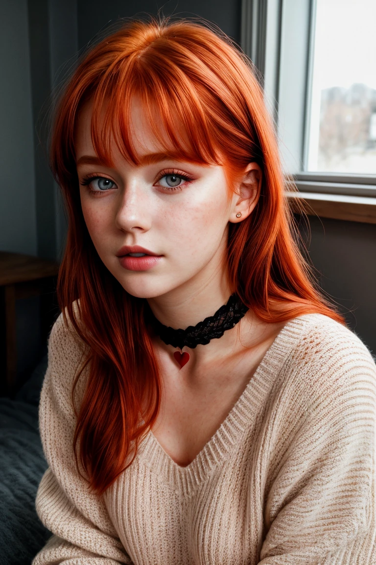 raw photo, (18yo redhead girl:1.2), makeup, rouge, neck lace with heart choker, realistic skin texture, oversize knit jumper, red eyes, softcore, warm lighting, cosy atmosphere, Instagram style