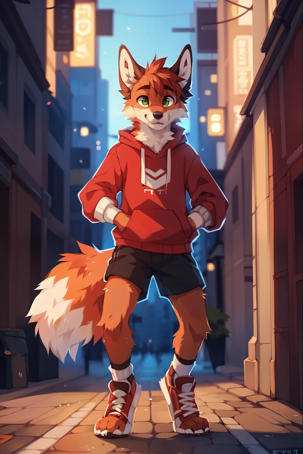 solo，Male，orange fox，Brown limbs，Brown paws and ears，Green eyes，Red sweatshirt with grey sleeves，Energetic youth，On the streets of the city,furgonomic footwear， ((by keihound, by reysi)), by Zackary911, by hyattlen, by fumiko, by fluff-kevlar, Furry, Anthro