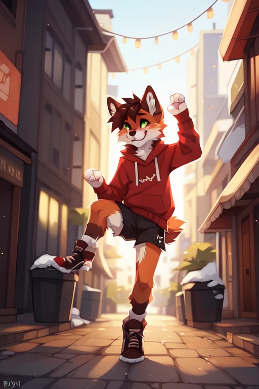 solo,Male,orange fox,Brown limbs,Brown paws and ears,Green eyes,Red sweatshirt with grey sleeves,Energetic youth,On the streets of the city,furgonomic footwear,do the splits, ((by keihound, by reysi)), by Zackary911, by hyattlen, by fumiko, by fluff-kevlar, Furry, Anthro