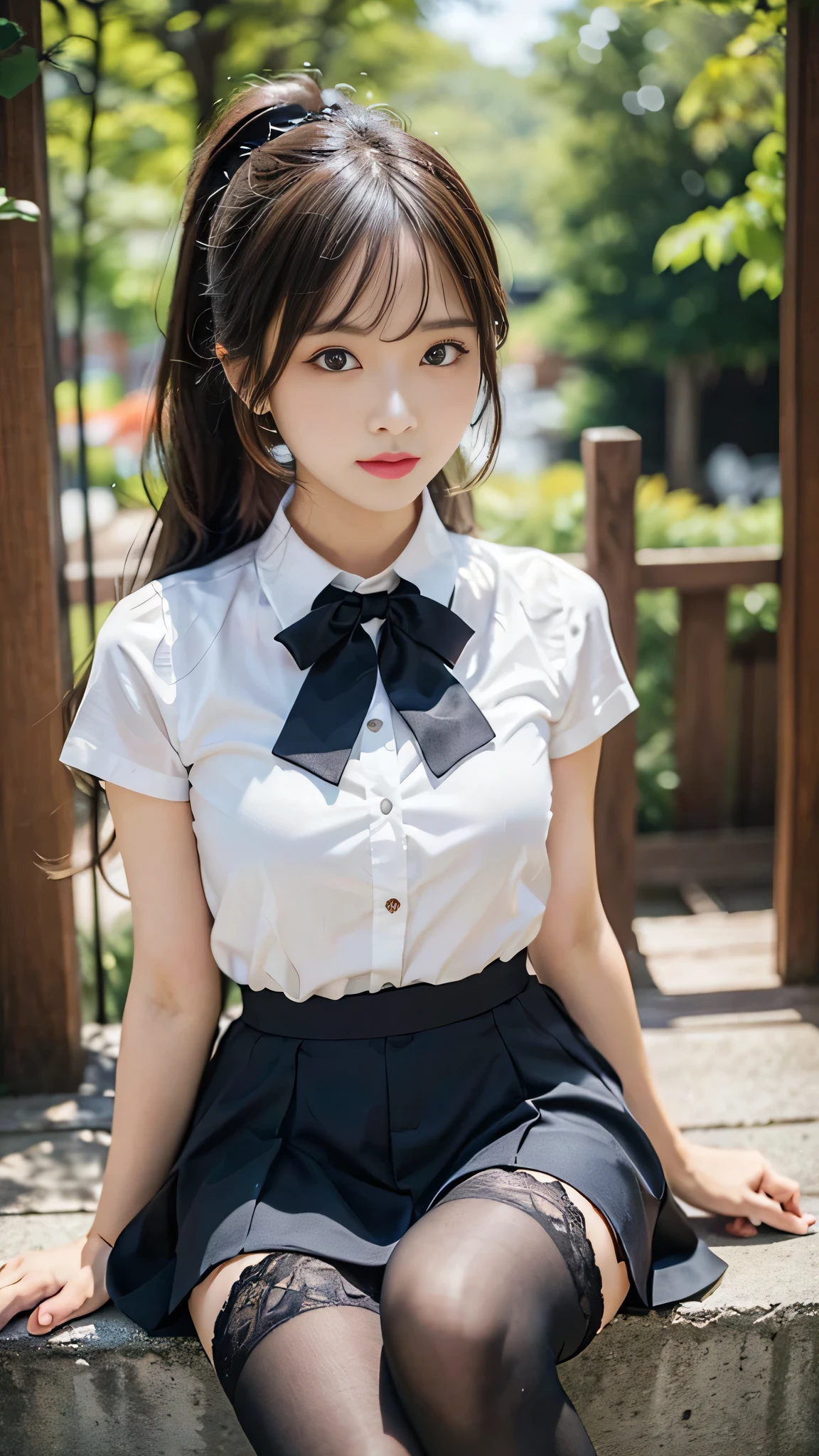 highest quality, masterpiece,, One girl, alone, , White shirt, Black Skirt, Light Hair, Semi-long hair, Beautiful detailed girl, Highly detailed eyes and face, Beautiful fine details, shy, nature, Shine, View your viewers, Outdoor, loafers, Black Pantyhose, Blue bow tie, Straight hair, Purple petals, Purple and blue flowers, Red Eyes, ponytail, Blue Ribbon,Beautiful thighs, Large Breasts, Red eyes,