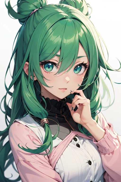 female anime character with green hair with a cute face wearing soft white and pink clothes