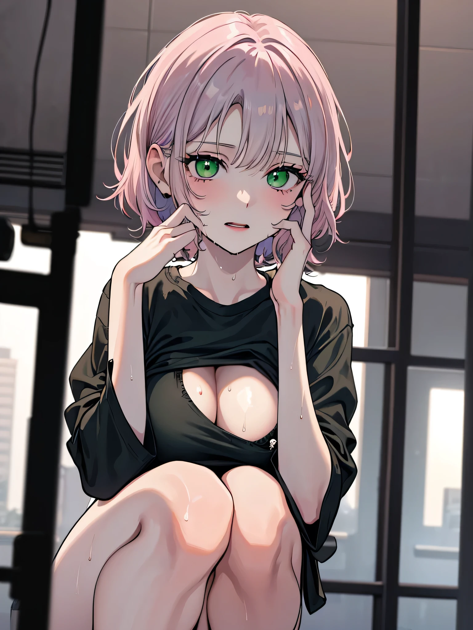 One Girl, (Green Eyes:1.3), Black Hair, pubic hair,
break (Grey Shirt:1.5), (Black trousers:1.3), Plain Bikini, Huge breasts, naked, Exposed Skin, (Wet Skin:1.5), (looking return:1.5), Place your hands on your knees, return, Hip,
break (indoor:1.2), indoor, (Pink indirect lighting:1.3), 夜
break looking at viewer, From below, Cowboy Shot,
break (masterpiece:1.2), highest quality, High resolution, unity 8k wallpaper, (shape:0.8), (Beautiful details:1.6), Highly detailed face, Perfect lighting, Extremely detailed CG, (Perfect hands, Perfect Anatomy),The blue pubic hair is eye-catching